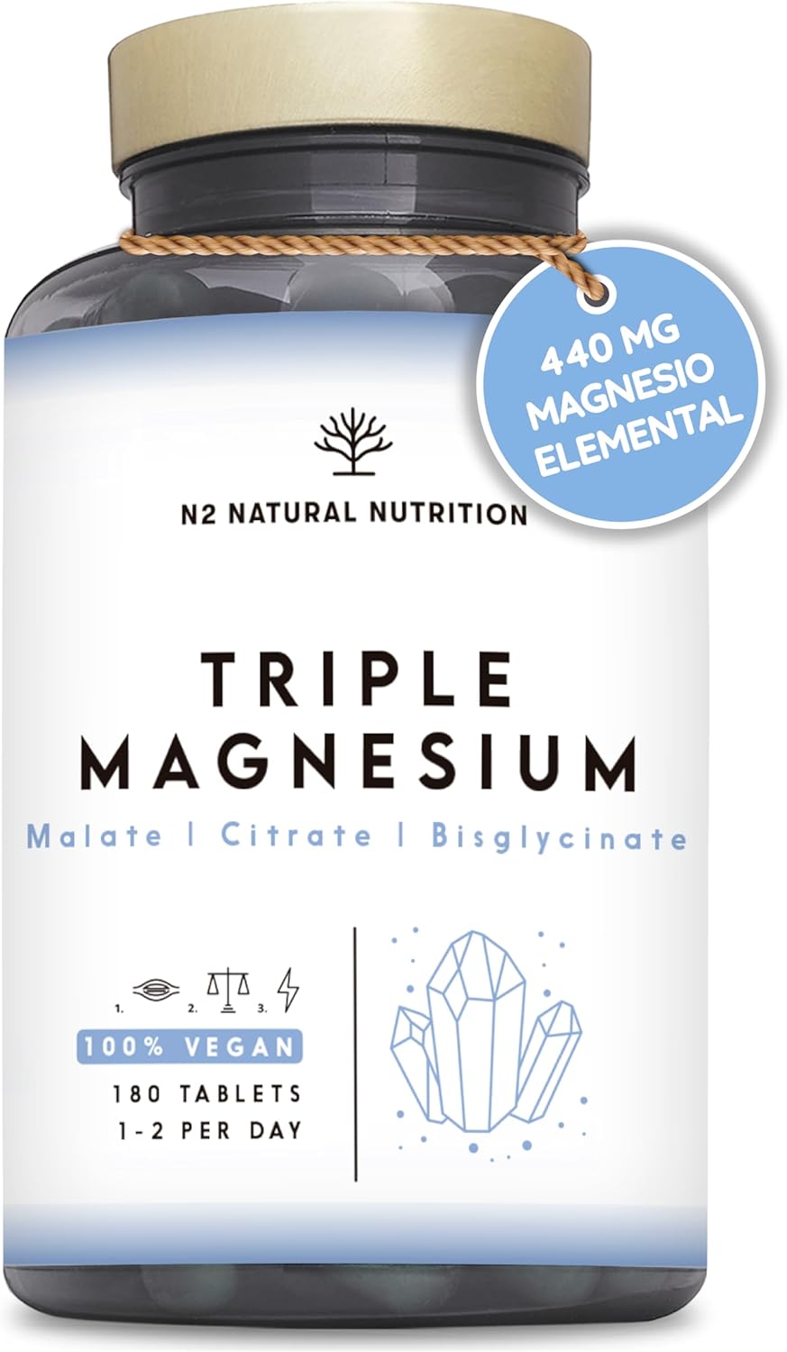 Citrato de Magnesio 1440mg + Magnesio Bisglicinato 600mg + Malato 600mg. 440mg de Elemental de Alta Biodisponibilidad. Reduce Cansancio, Alivia Dolor Articulaciones y Músculos. 3 meses. N2