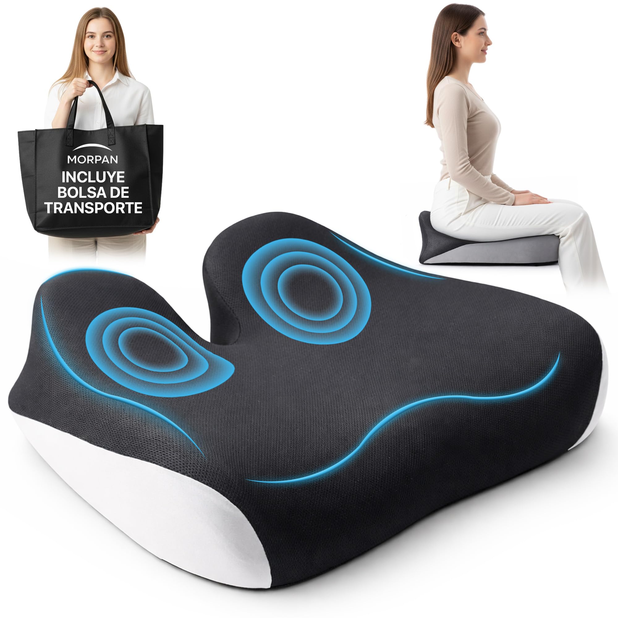 Cojin coxis, viscoelastico y ergonomico, cojin Silla Oficina con Funda Lavable y Transpirable, Base Antideslizante y de Regalo QR con videoguias + Bolsa Transporte.Sientate Comodo Cada Dia