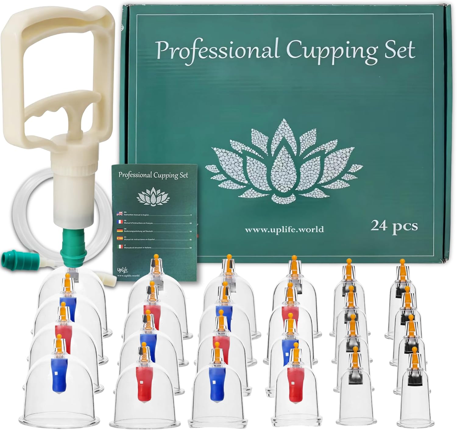 Uplife Set de 24 Ventosas Fisioterapia - Ventosaterapia con Imanes Terapéuticos - Vacumterapia Glúteos, Masaje de Espalda, Dolor de Espalda - Masajeador para Celulitis y Masaje Anticelulítico Reductor