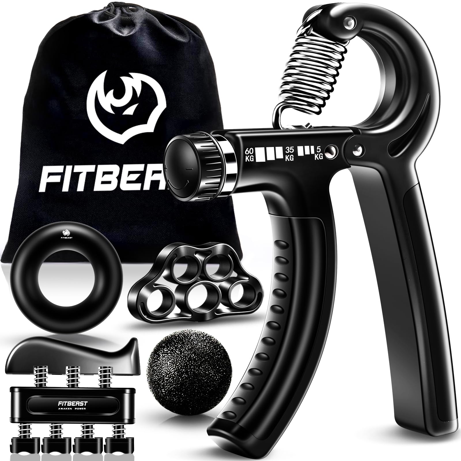 FitBeast Hand Grip para Antebrazo Ejercitar – Paquete de 5 Piezas, Fortalecedor de Agarre de Manos Ajustables, Ejercitador de Manos, para Estirar Los Dedos, Anillo para Entrenar y Pelota Anti Estrés