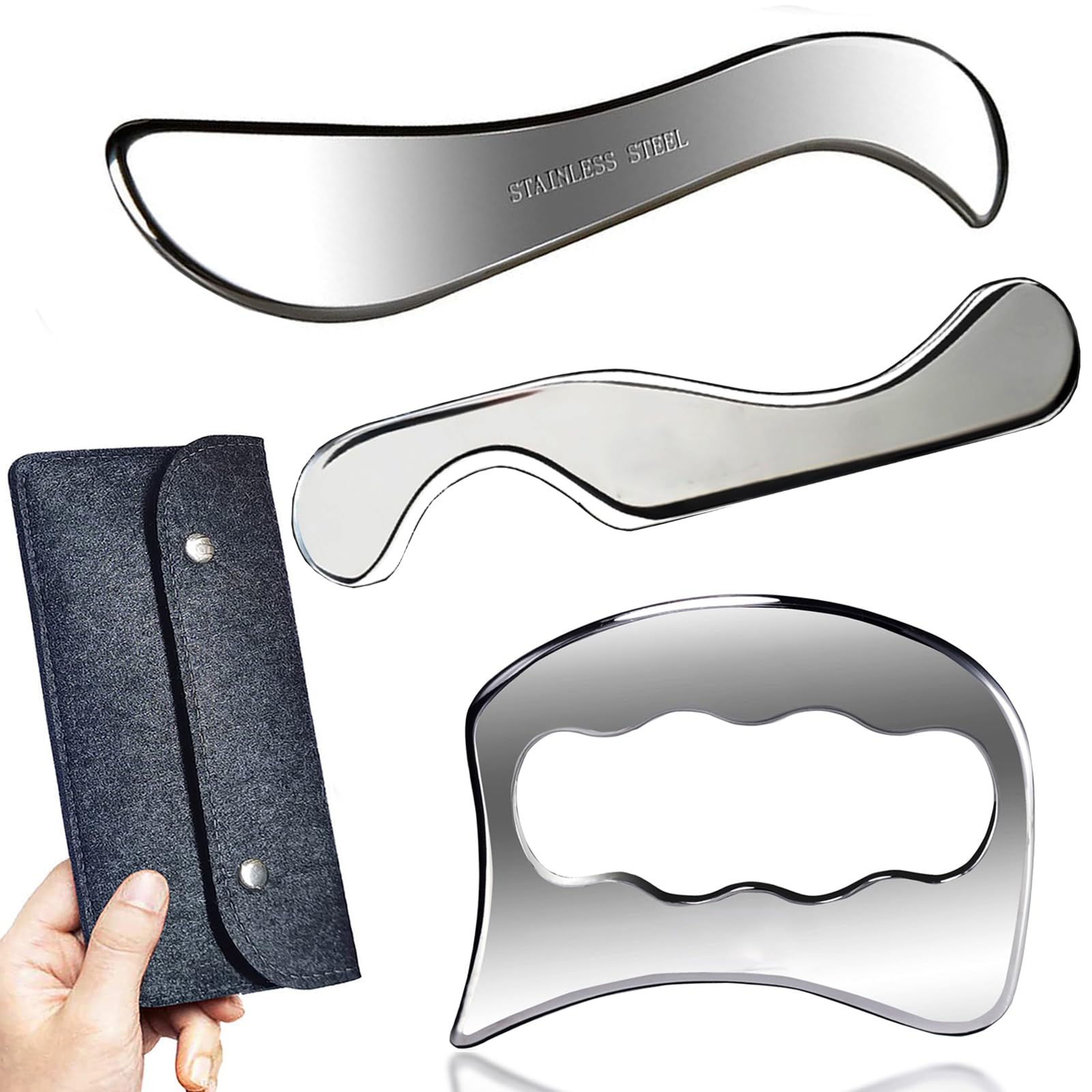 GYX COELE Rascador muscular 3 en 1 de acero inoxidable Gua Sha, herramienta de masaje para raspar, herramientas IASTM, gran terapia física de tejidos blandos utilizada para espalda, brazos, piernas,