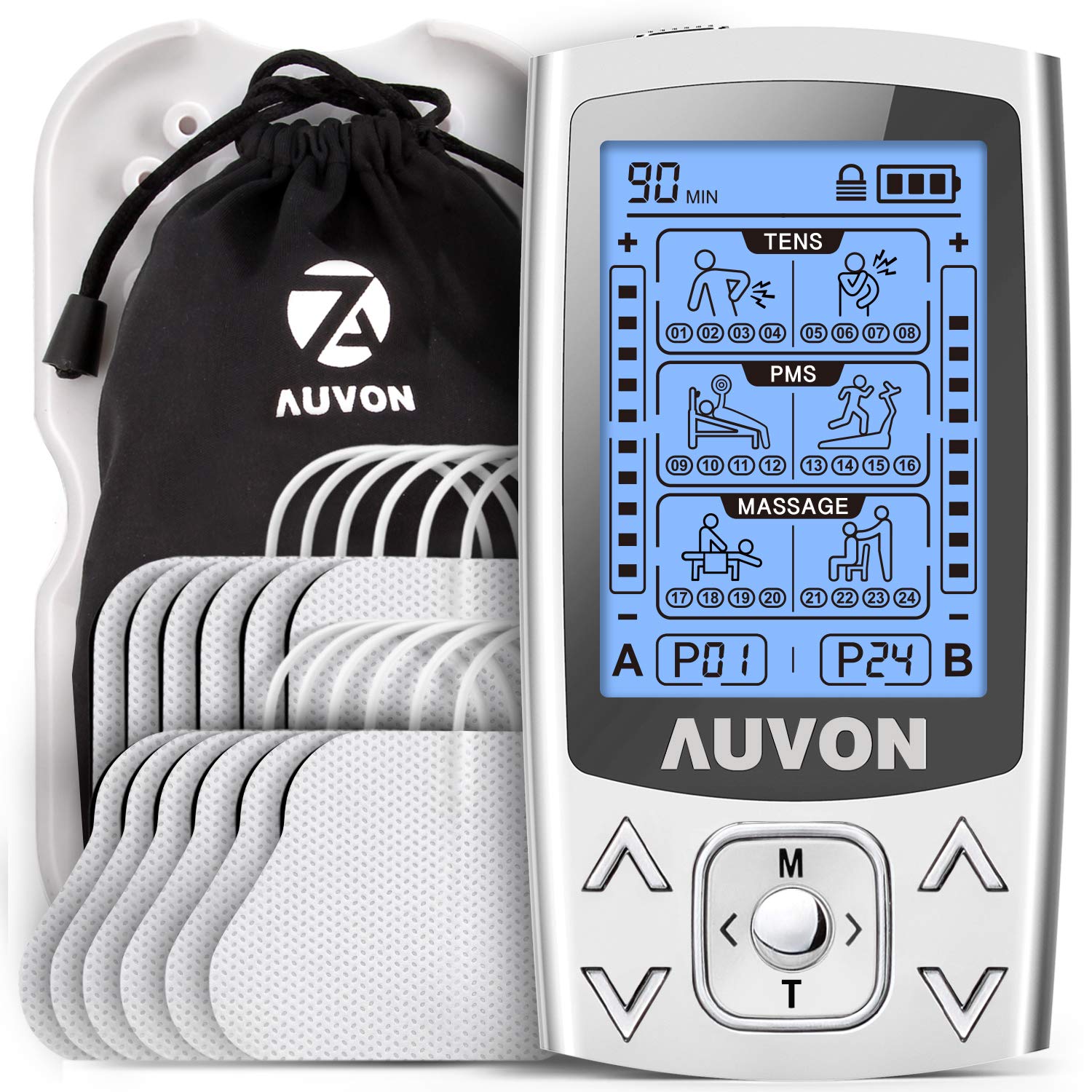 AUVON 3-en-1 Electroestimulador muscular de 24 modos, con función TENS, EMS y masaje, para aliviar el dolor muscular y fortalecer los músculos, 2 Canales, 12pcs 2\"x2\" Electrodos con diseño patentado