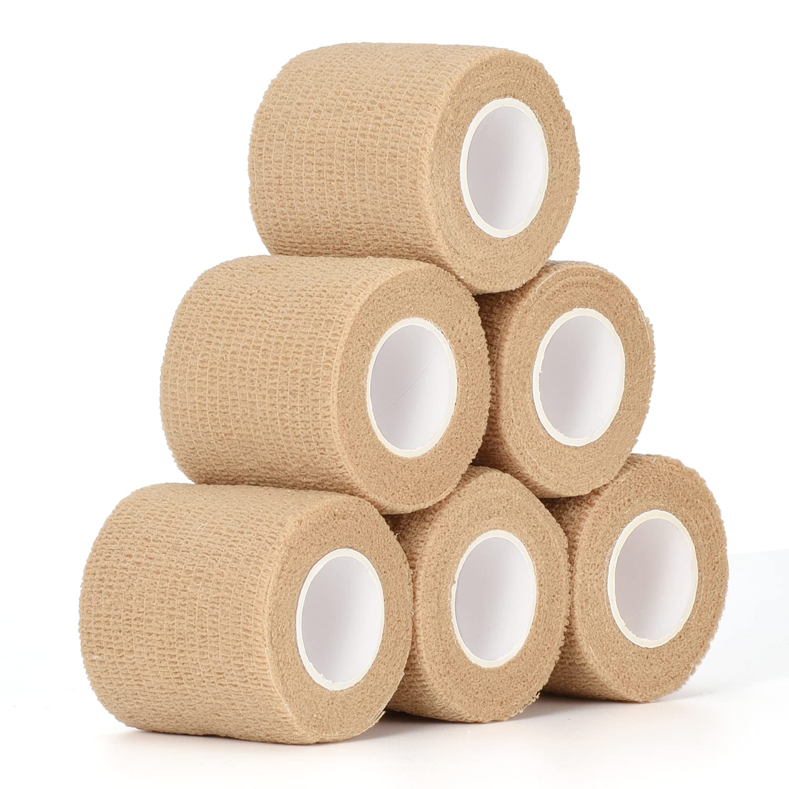 6 Rollos Venda Cohesiva 5cm x 4.5m Banda Venda Cinta Deportivo Cohesivo Vendaje Autoadhesivo para Primeros Auxilios Elástico Bendaje Adhesiva Envoltura Tape Vet para Dedos Perros Mascotas (Beige)
