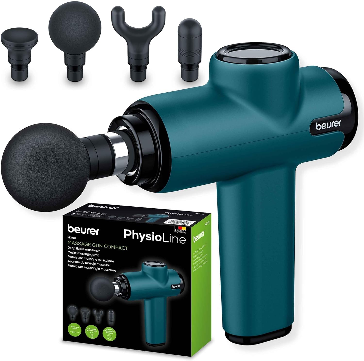 Beurer MG 99 Pistola de masaje musuclar con 4 accesorios, Massage Gun con potente masaje de puntos gatillo, afloja tensiones, masajeador compacto con 5 niveles de intensidad y batería recargable