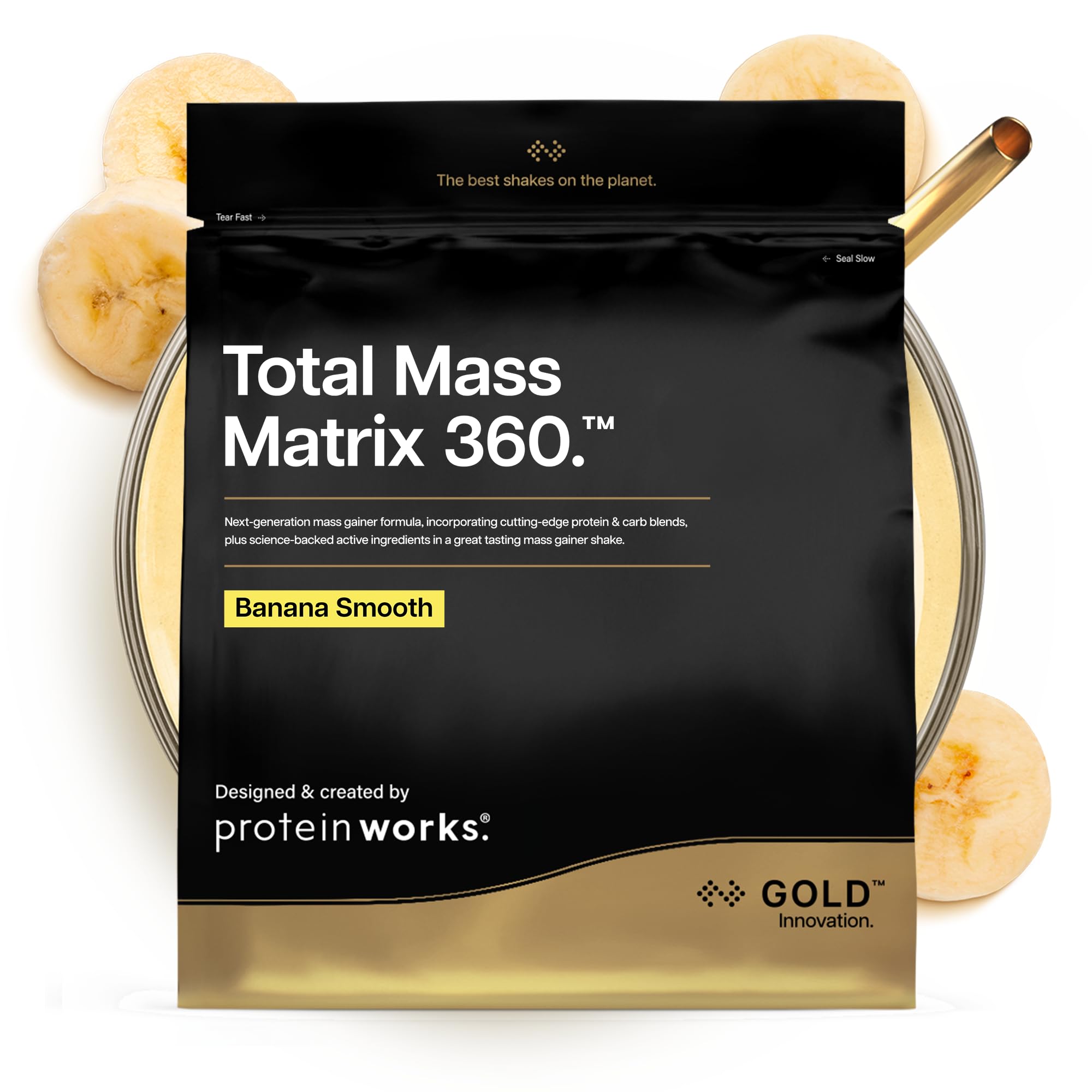 Protein Works | Total Mass Matrix 360 - GOLD Innovation, Mezcla de Tres Proteínas, Proteína para Ganar Masa, Monohidrato de Creatina, Glutamina, Plátano Suave, 8 Porciones, 2.12kg