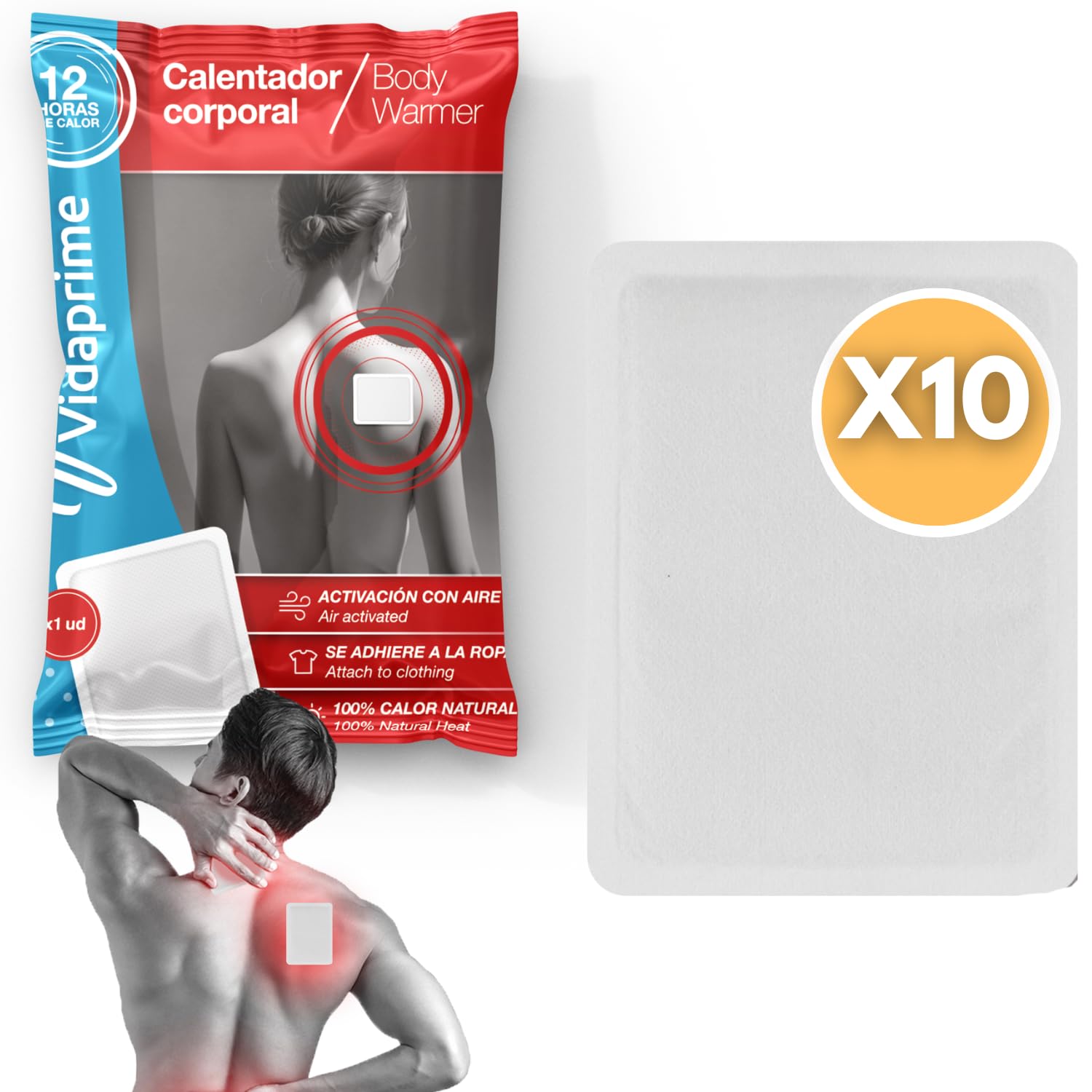 Pack x10 Parches de Calor para la Espalda Cuello y Hombros CALOR CALMANTE PROFUNDO - Parches Calor Lumbar INSTANTÁNEO ADHESIVO - Parches Térmicos lumbares Dolor Muscular ALIVIO LAS 24 HORAS