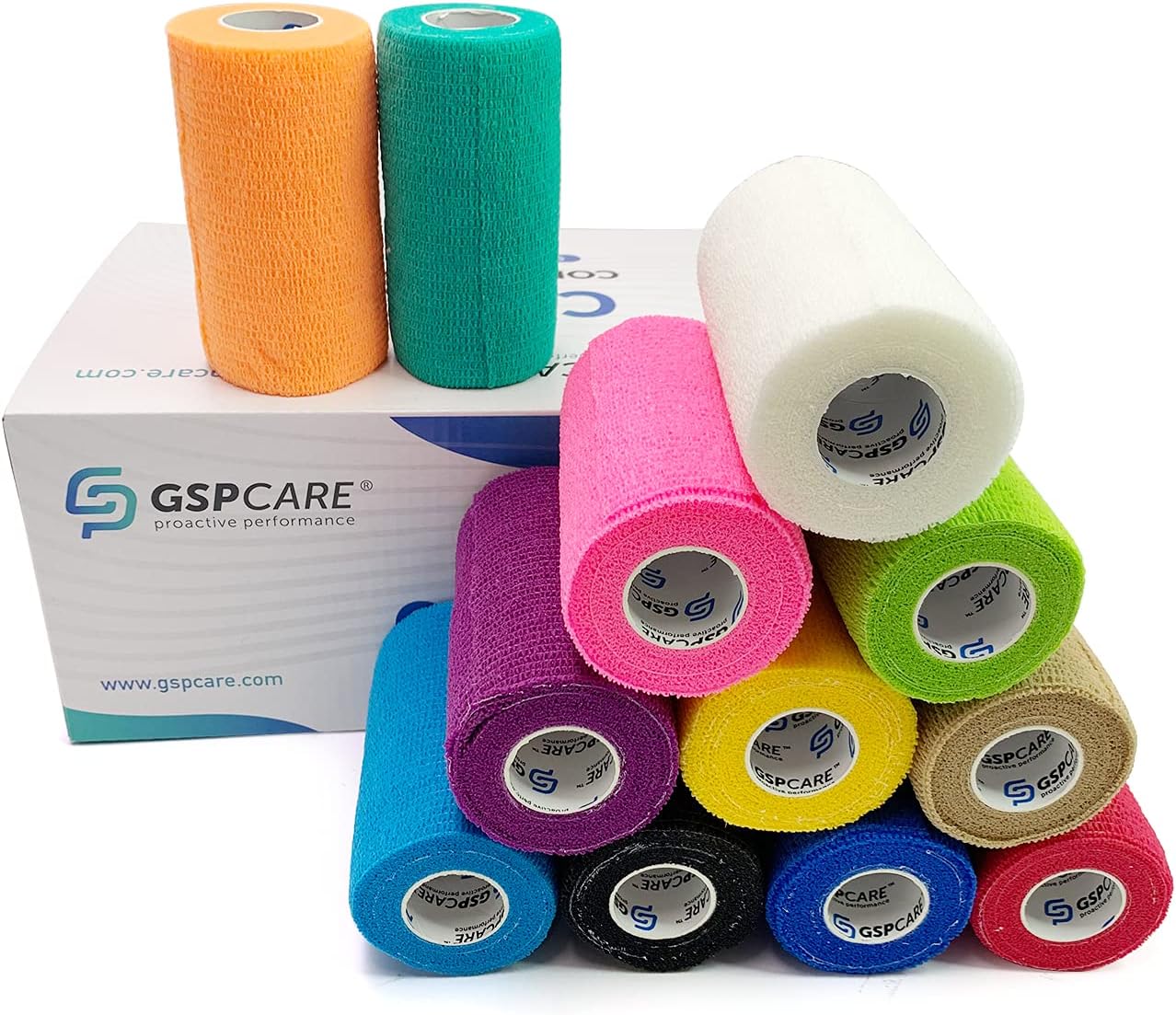 GSPCARE Vendaje Autoadhesivo,12 Rollos Vendajes Cohesivos Cinta Cohesiva de 10 cm x 4,5 m, Vendaje Veterinario Cinta Adhesiva Deportiva para Hinchazón Esguinces Tobillo Muñeca (Multicolor)