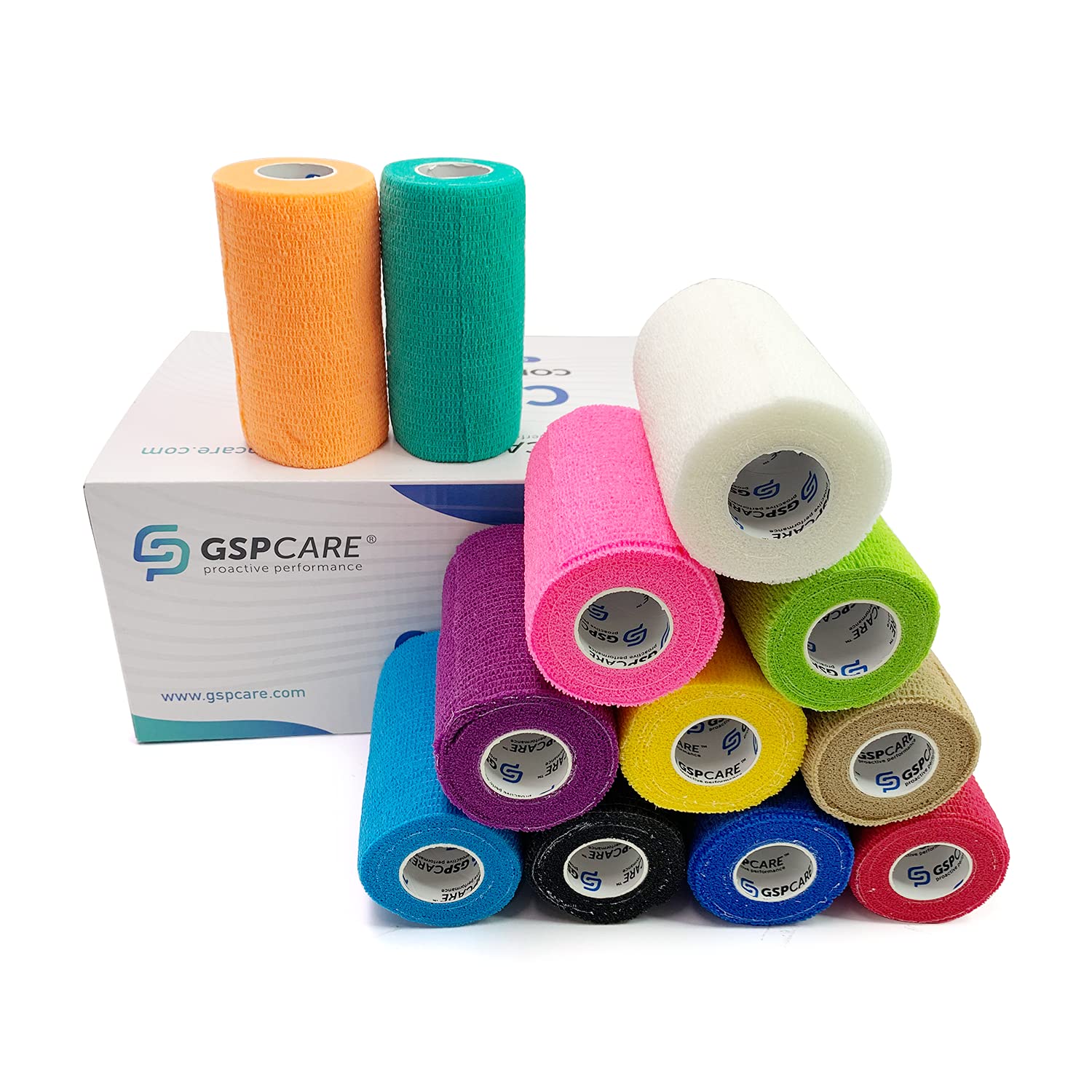 GSPCARE Vendaje Autoadhesivo,12 Rollos Vendajes Cohesivos Cinta Cohesiva de 10 cm x 4,5 m, Vendaje Veterinario Cinta Adhesiva Deportiva para Hinchazón Esguinces Tobillo Muñeca (Multicolor)