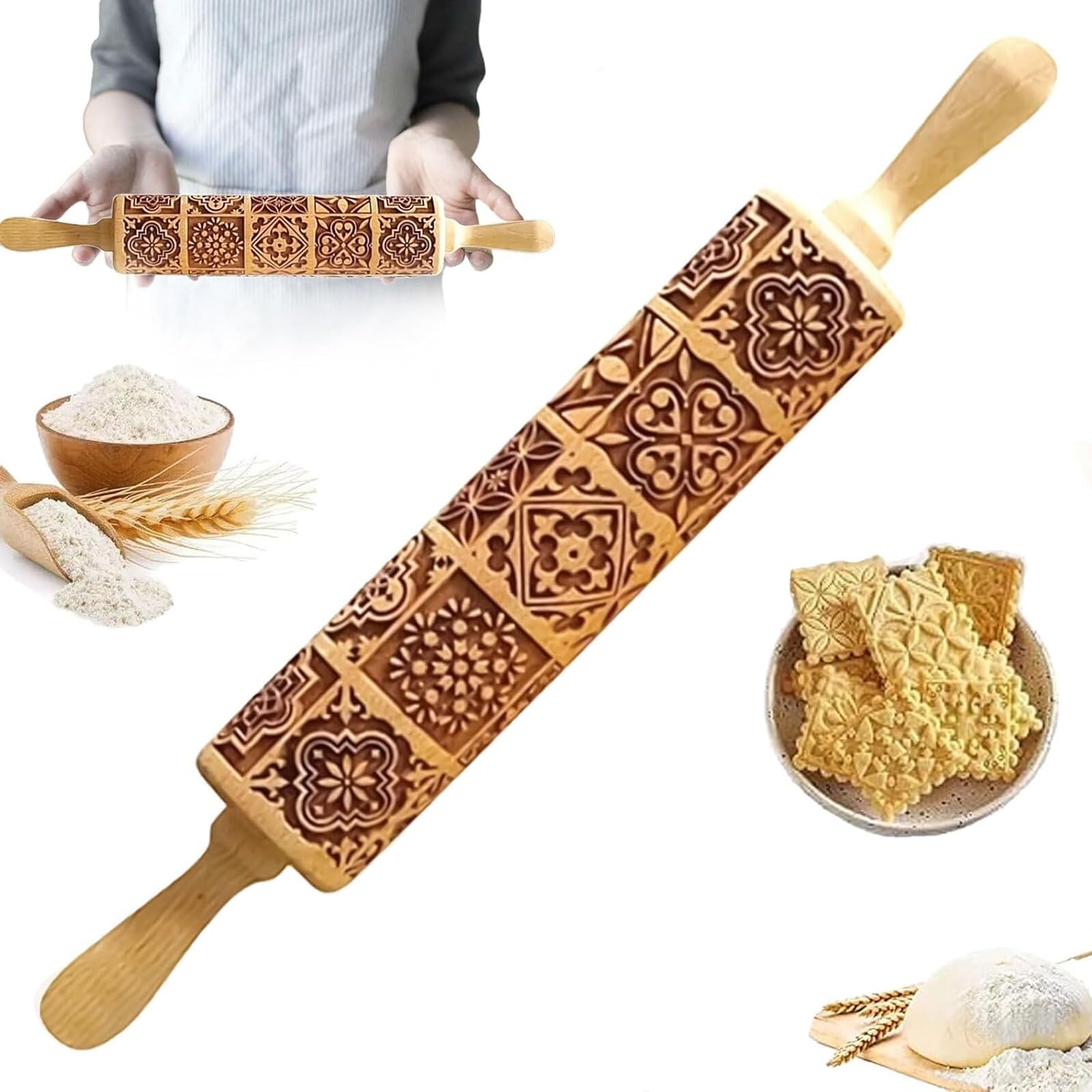 Tallada en Relieve Rodillo, Rodillo de Madera 3D Patrón, Grabado en Relieve Rodillo, Rodillo en Galletas Rodillo de Cocina, para Hornear Pasteles, Galletas, Fondant, Pastelería, Galletas