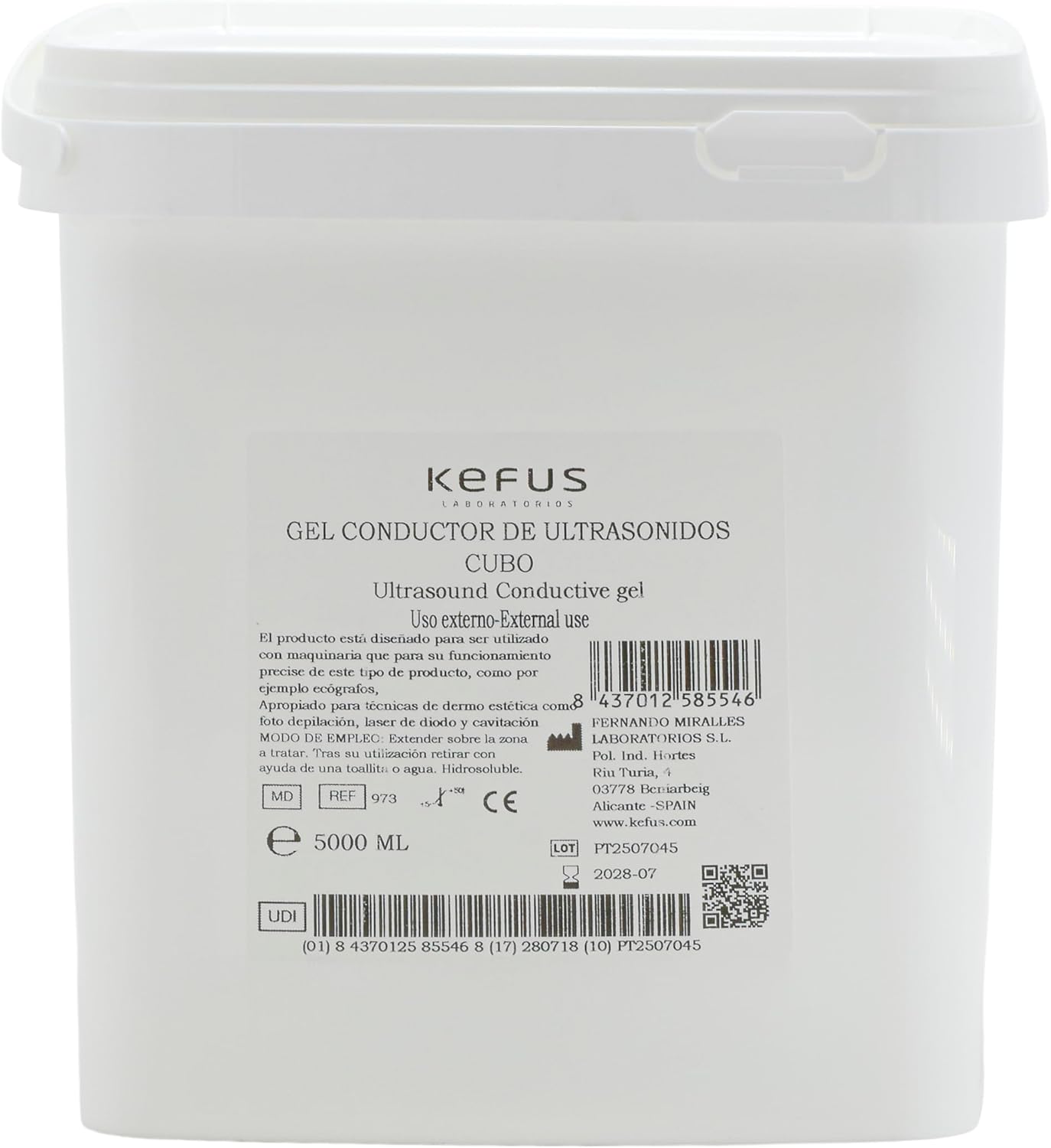 KFS Gel Conductor Ultrasonidos Cubo 5000 ml | Formato Profesional para Uso Médico y Estético | Alta Conductividad para IPL, Ecografías, Cavitación y Radiofrecuencia | pH Neutro, Sin Sales