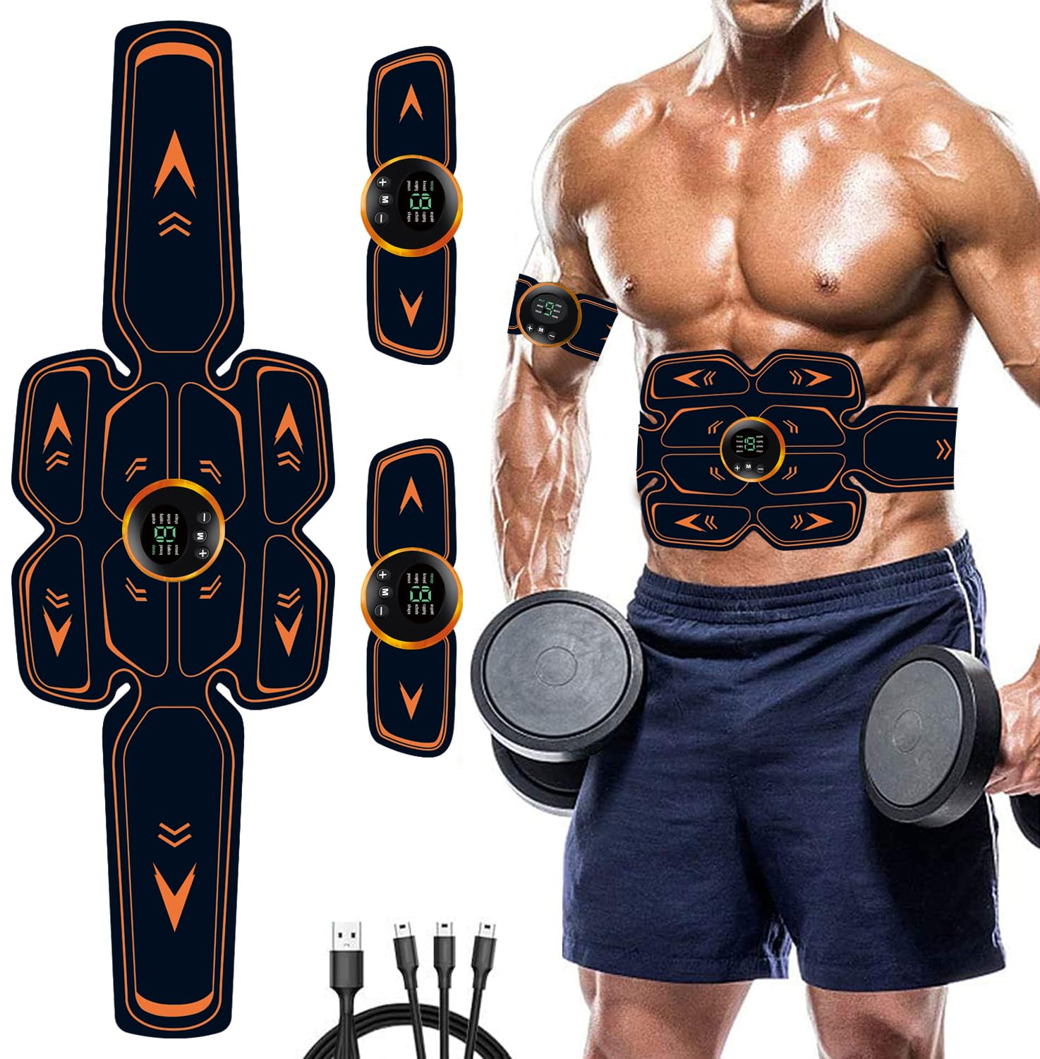 Electroestimulador Muscular Abdominales, ABS Muscular Abdominales Cinturón, USB Recargable Electroestimulador Cuerpo Completo AB/Brazo/Pierna/Gluteos Electroestimulador
