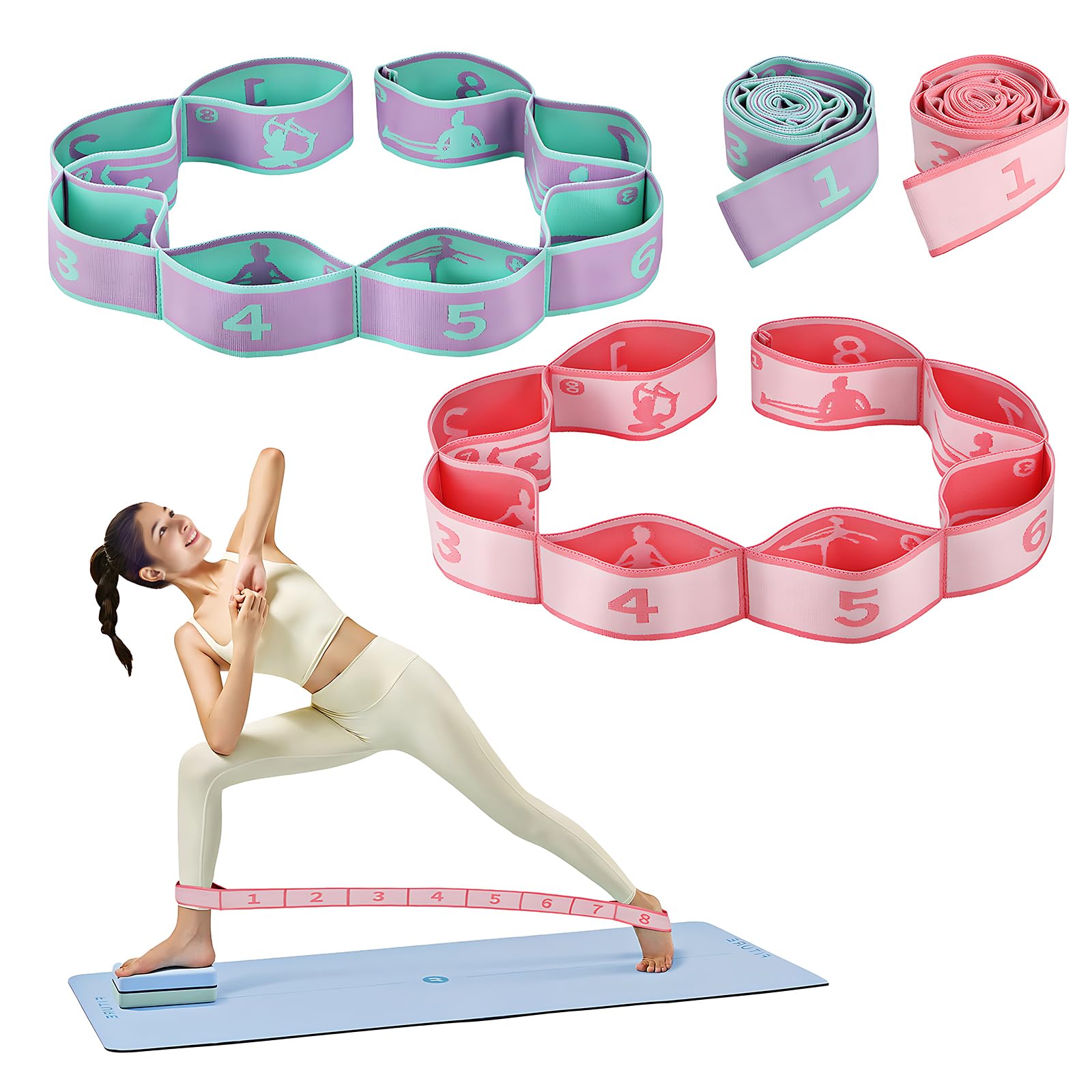 2Pcs Correa Yoga, Bandas Elasticas Musculacion con 8 Anillos, Correas para Yoga, Banda Elástica Cinturon Yoga, Cinta Pilates, Banda Elastica Fitness para Yoga Estiramiento Ejercicio Pilates