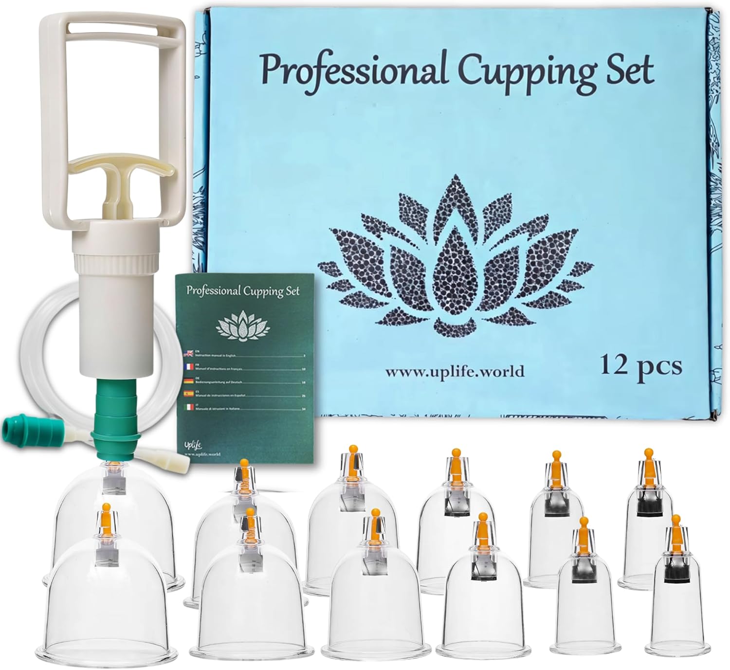 Uplife Set de 12 Ventosas Fisioterapia - Ventosaterapia Masaje de Espalda, Dolor de Espalda y Cuello, Vacumterapia Glúteos - Masajeador para Celulitis y Masaje Anticelulítico Reductor