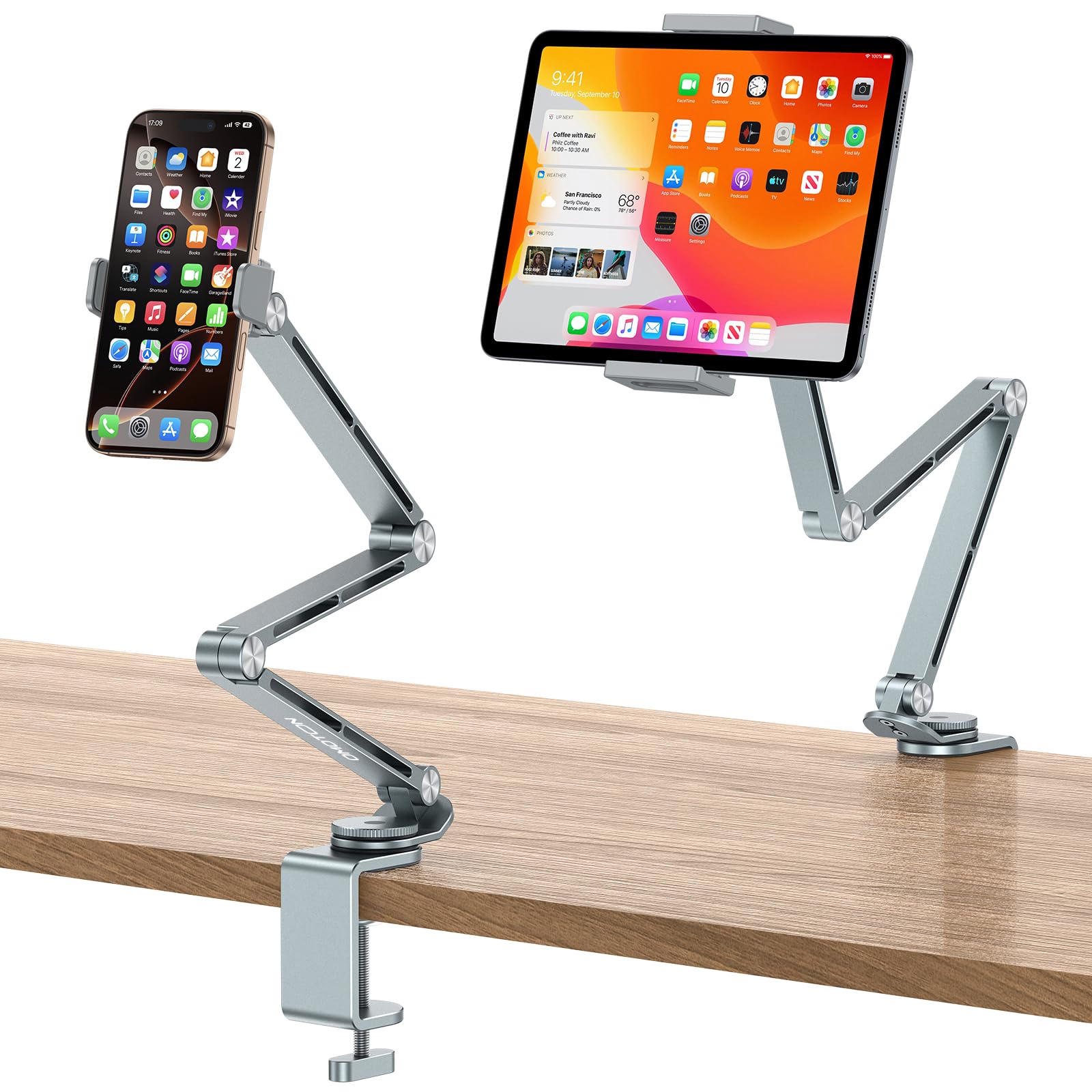 OMOTON Soporte para Tableta de Aluminio para Escritorio, Soporte para iPad Giratorio 360°, Soporte para Teléfono Ajustable para Cama con Brazo Estable, Compatible con Todos los Tabletas de hasta 12"