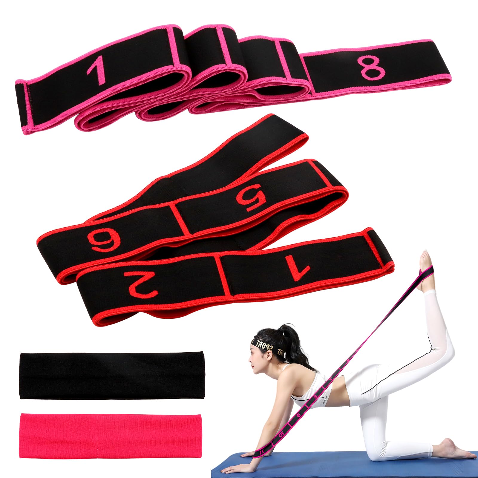 Scettar 2 Banda de Estiramiento de Yoga, Banda Elastica Pilates, Bandas Elasticas Fitness de 8 Rejillas y Bandas Pelo, Bandas Latinas de Resistencia Banda Elástica de Yoga para Pilates Latino Fitness