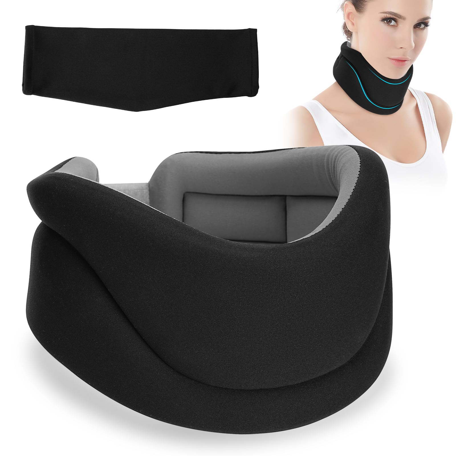 Collarín, Collarín Ajustable Soporte Cervical para Dormir, Alivia el Dolor de Cuello y la Tensión Espinal Proporciona Soporte para el Cuello para Mujeres y Hombres (Negro, 8CM Profundidad , L)