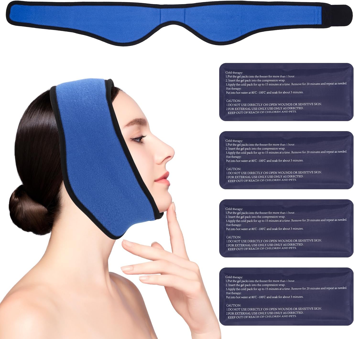 4 Bolsas de Gel Reutilizable Frío Calor con Banda de Compresión, Hielo en Gel Compresas Multiusos Terapia para Mandíbula, Cara, Cabeza, Barbilla, Cirugía Facial Oral