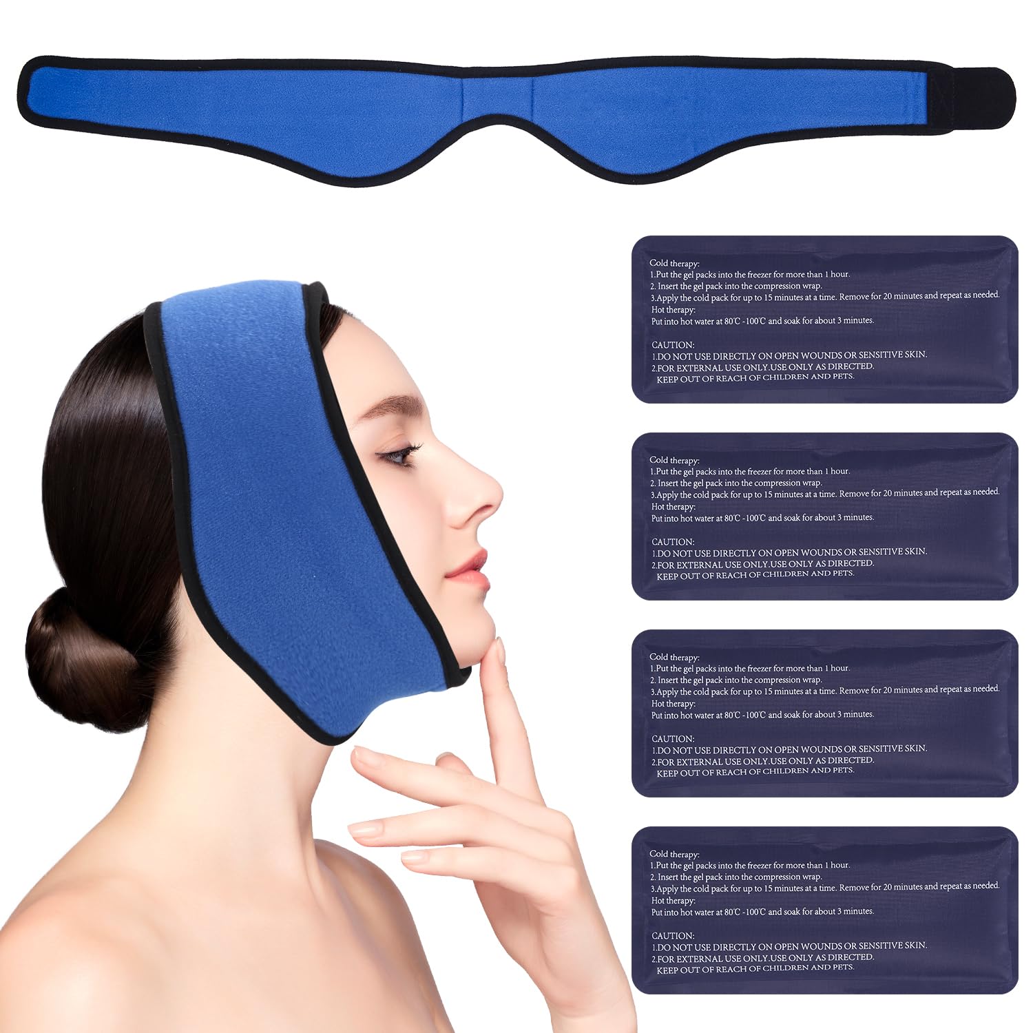 FAOKZE 4 Bolsas de Gel Reutilizable Frío Calor con Banda de Compresión, Hielo en Gel Compresas Multiusos Terapia para Mandíbula, Cara, Cabeza, Barbilla, Cirugía Facial Oral