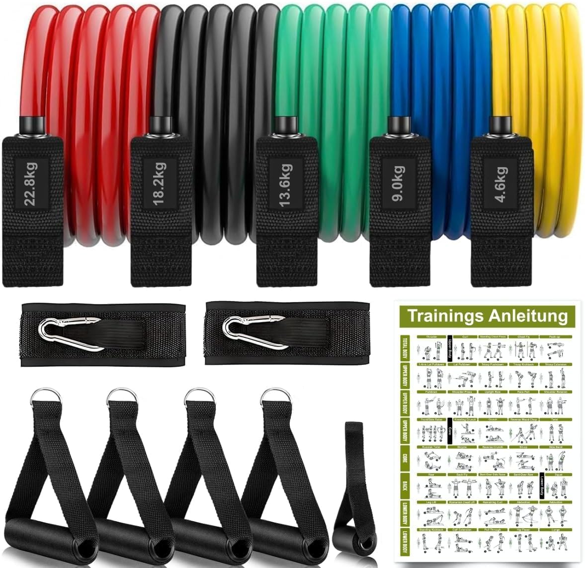 Bandas Elásticas de Resistencia Premium. Set de 12 Piezas con Asas Adicionales. Gomas Elásticas para Entrenamiento de Fuerza, Musculación, Fisioterapia, Pilates y Tonificación Corporal
