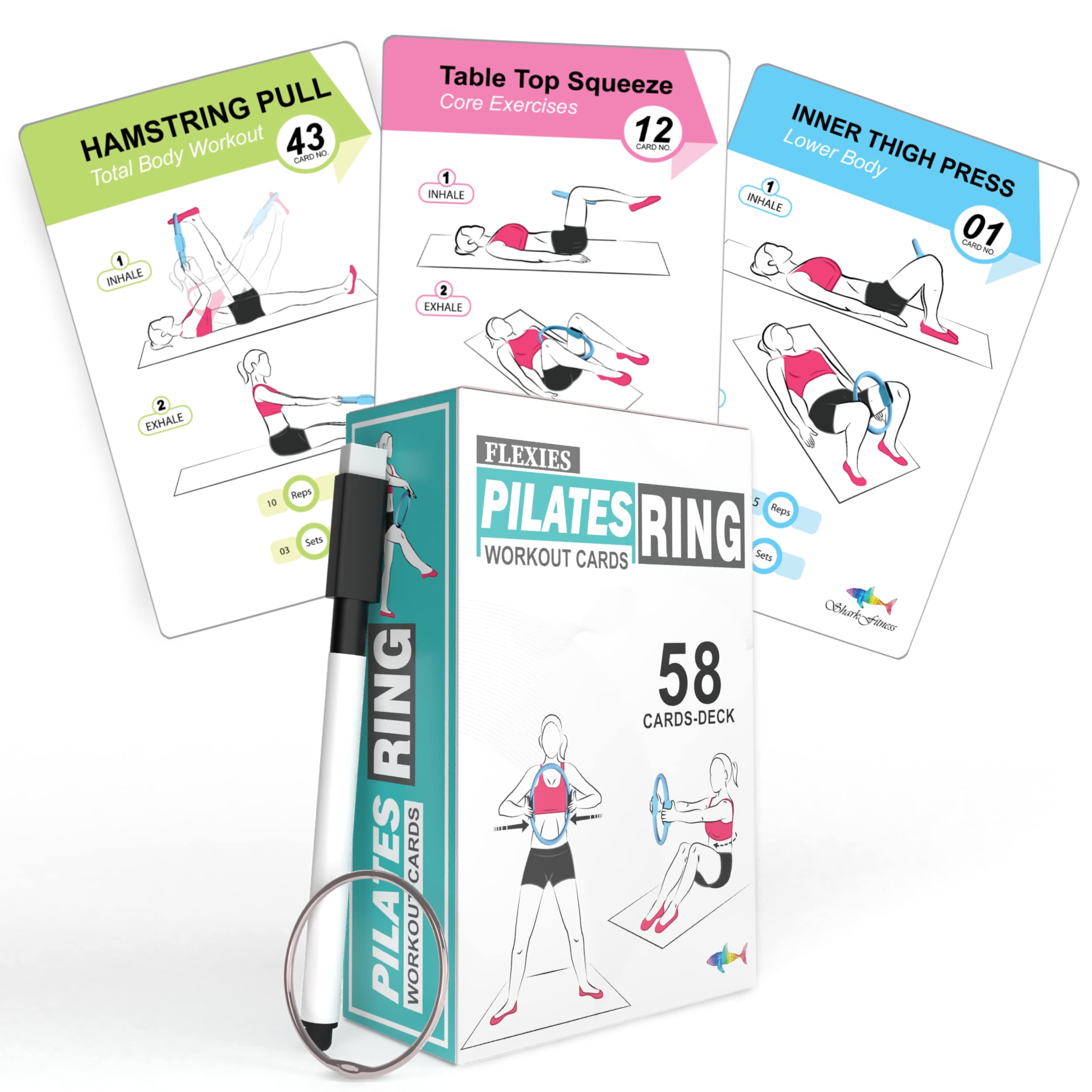 Tarjetas de entrenamiento con anillo de pilates, 58 tarjetas de anillo de ejercicio con círculo de pilates, postura, instrucciones y consejos de respiración, marcador de borrado en seco y