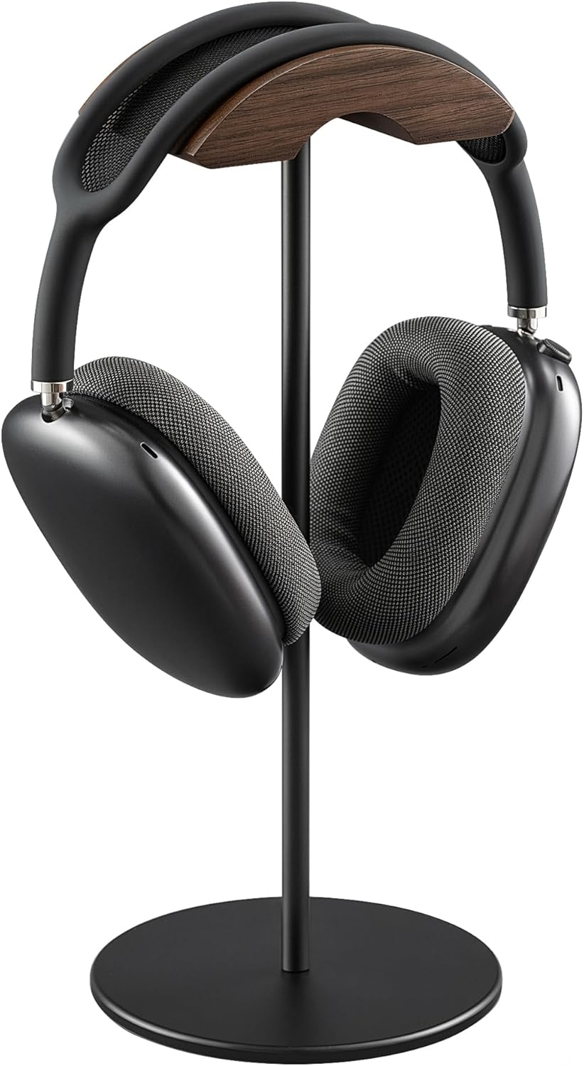 Soporte Auriculares, Soporte de Nogal y Aluminio, Stand para Headset de Juego con Base Maciza y Pesada, Aplicable a Auriculares de Diadema de Todo Tamaño (Negro)