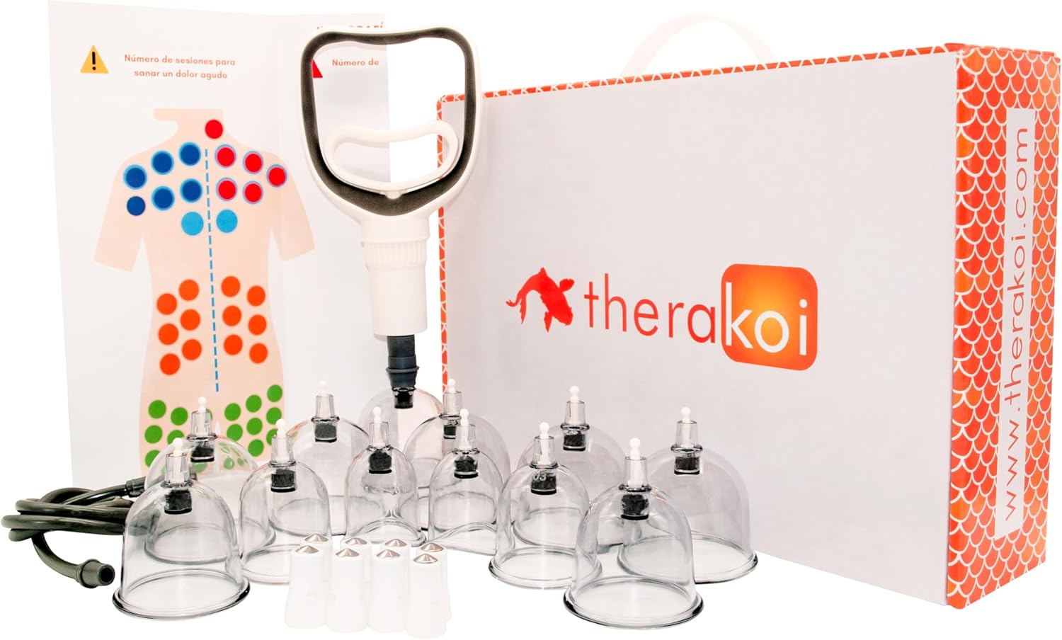 Set de ventosas cupping - maletín completo para masaje tratamiento Hijama 12 piezas, bomba de vacío e imanes terapéuticos