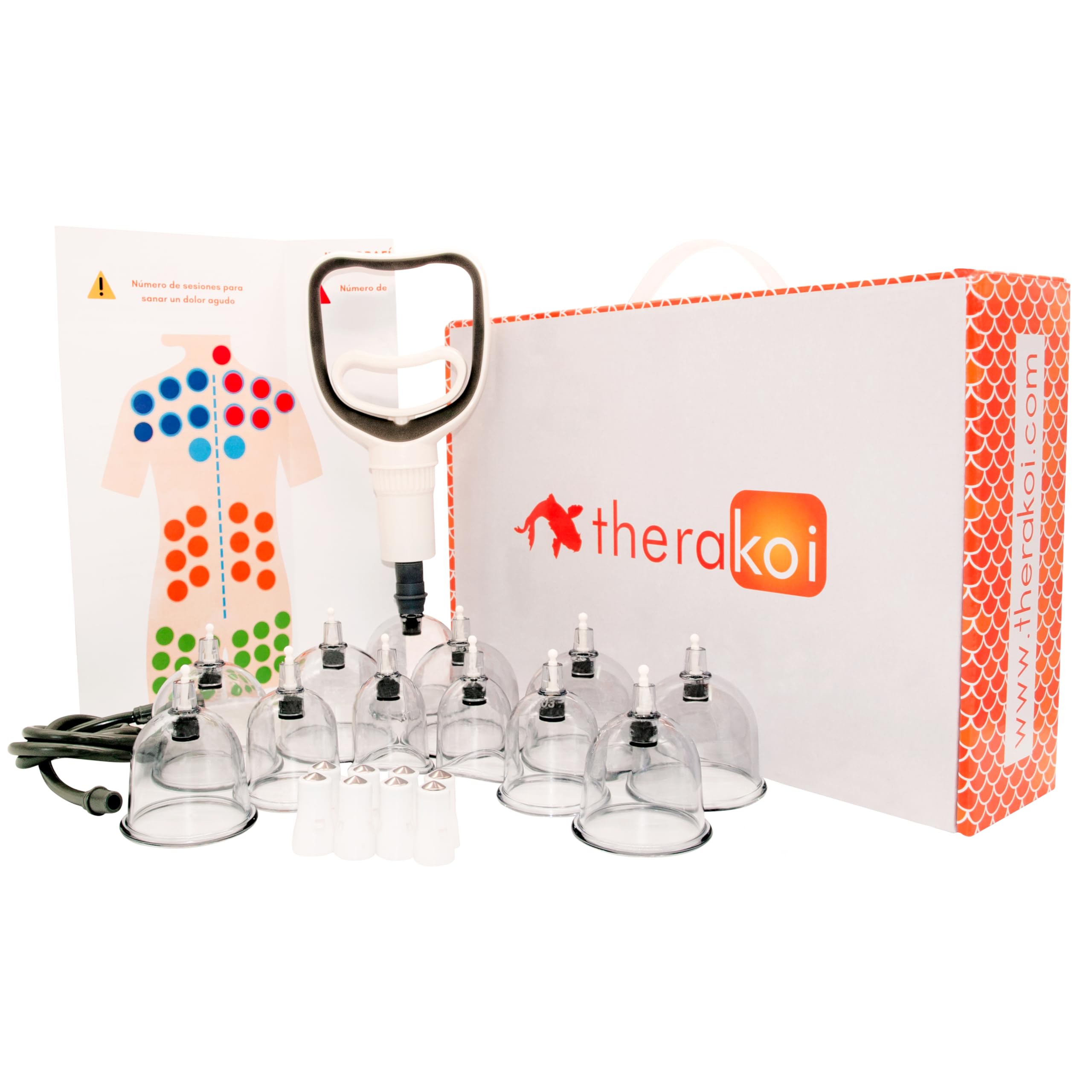 Therakoi Set de ventosas cupping - maletín completo para masaje tratamiento Hijama 12 piezas, bomba de vacío e imanes terapéuticos