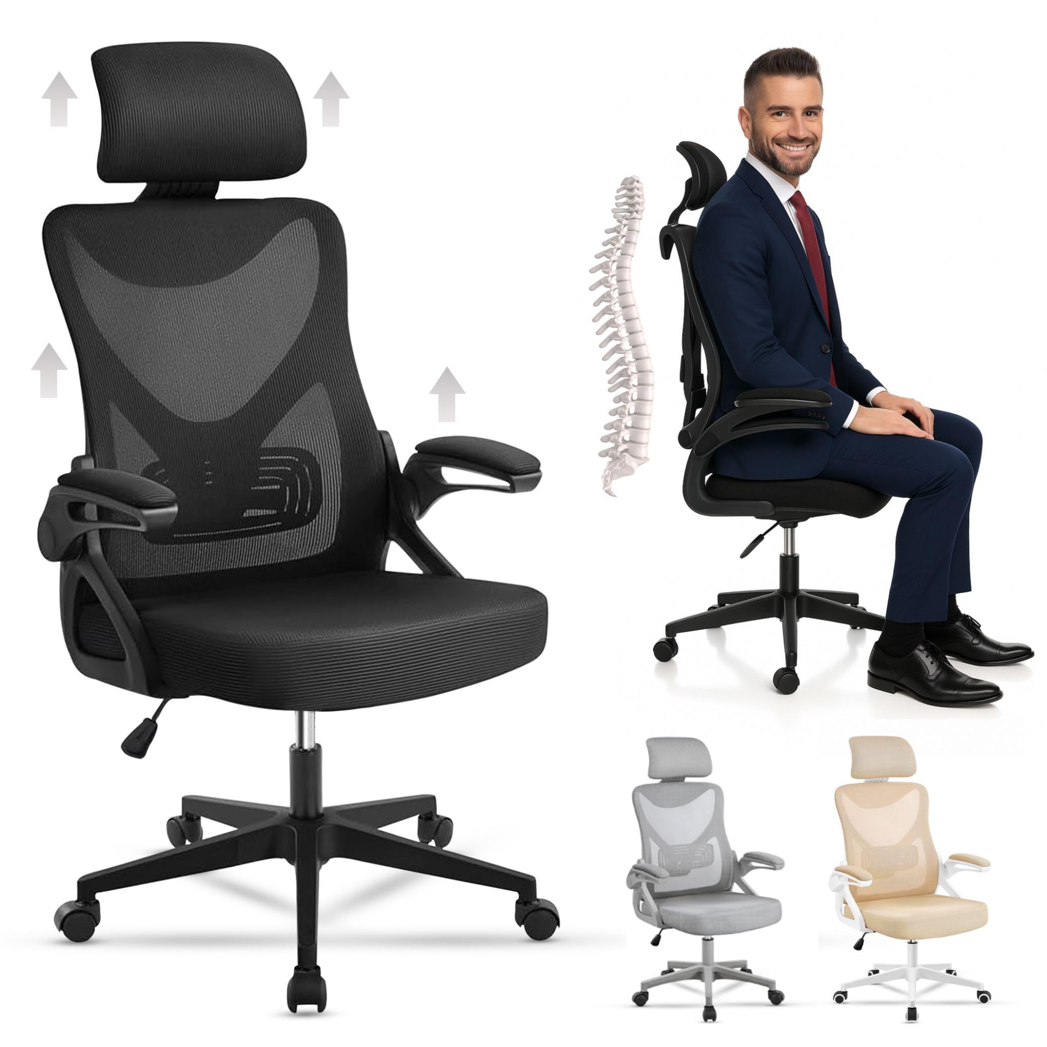 EveryKip® Silla Escritorio Ergonomica Ajustable con Reposabrazos Beige| Ruedas Anti-Arañazos | Sillas Oficina Ejecutiva con Reposacabezas | (Negro)