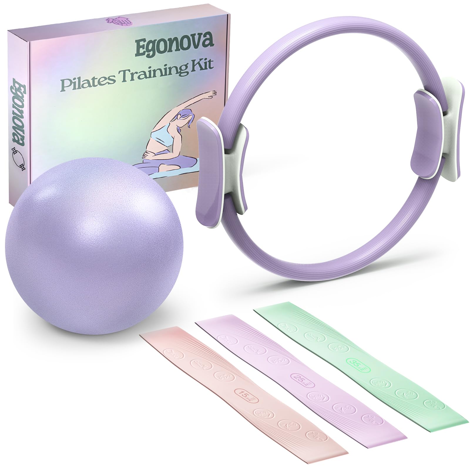 Set de Anillos Pilates EgoNova: Círculo Mágico de 35cm con Asas Acolchadas Dobles, Mini Bola de Pilates y Bandas de Resistencia para Fuerza, Flexibilidad, Estabilidad y Tonificación Corporal