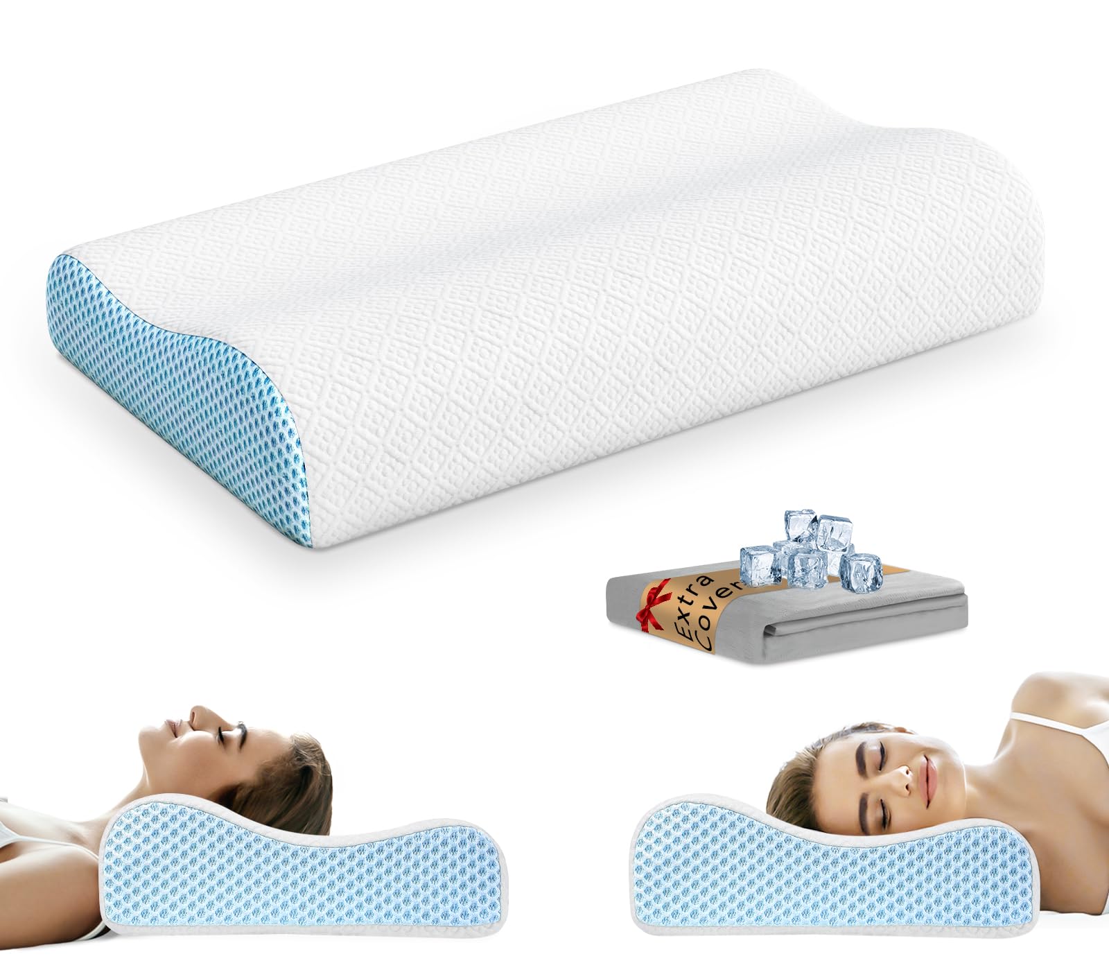 Almohada de Espuma Viscoelástica con Funda de Almohada de Repuesto(Seda Helada y Algodón), Almohada Ortopédica Ergonómica, Almohada Contorneada para Dormir de Lado, Boca Arriba y Boca Abajo
