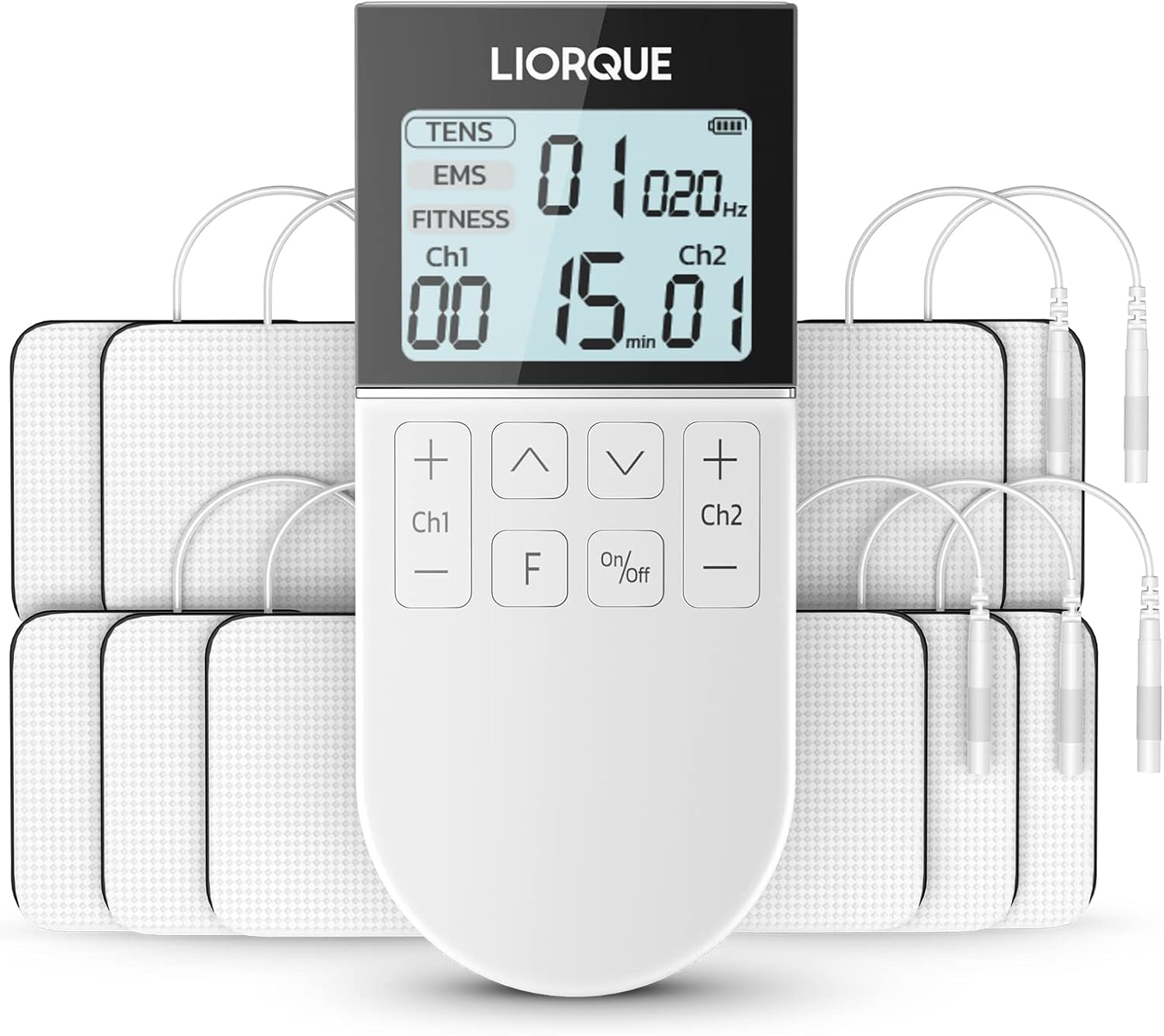 LIORQUE Electroestimulador Muscular, Electroestimulador TENS/EMS/FITNESS 3 en 1, 50 Modos, 10 Piezas de Electrodos TENS, 16 Niveles de Intensidad Para el Alivio del Dolor