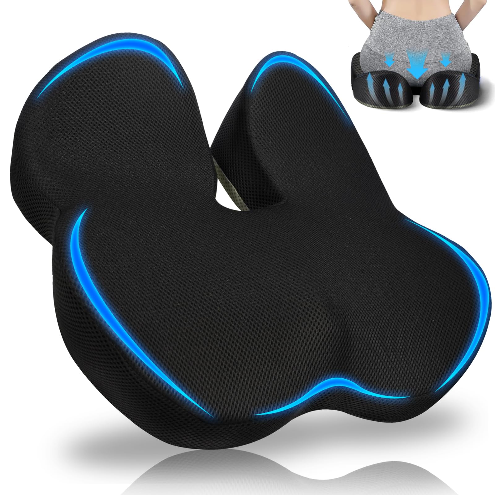 PQETBV Cojin Coxis Ortopedico, Cojin Ergonómico Silla Oficina, Cojin Asiento Coche,Ccojín para Aliviar la Cadera y El Dolor de Coxis, para Oficina, Hogar, Coche (Negro)