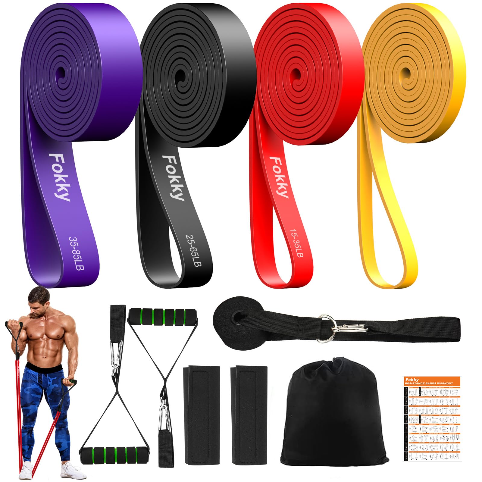 Fokky Gomas Elasticas Musculacion, Bandas Elasticas con 4 Niveles de Resistencia, Bandas Elasticas Musculacion con Anclaje de Puerta, Asas, Funda Protectora, para Entrenamiento de Fuerza/Fitness/Yoga