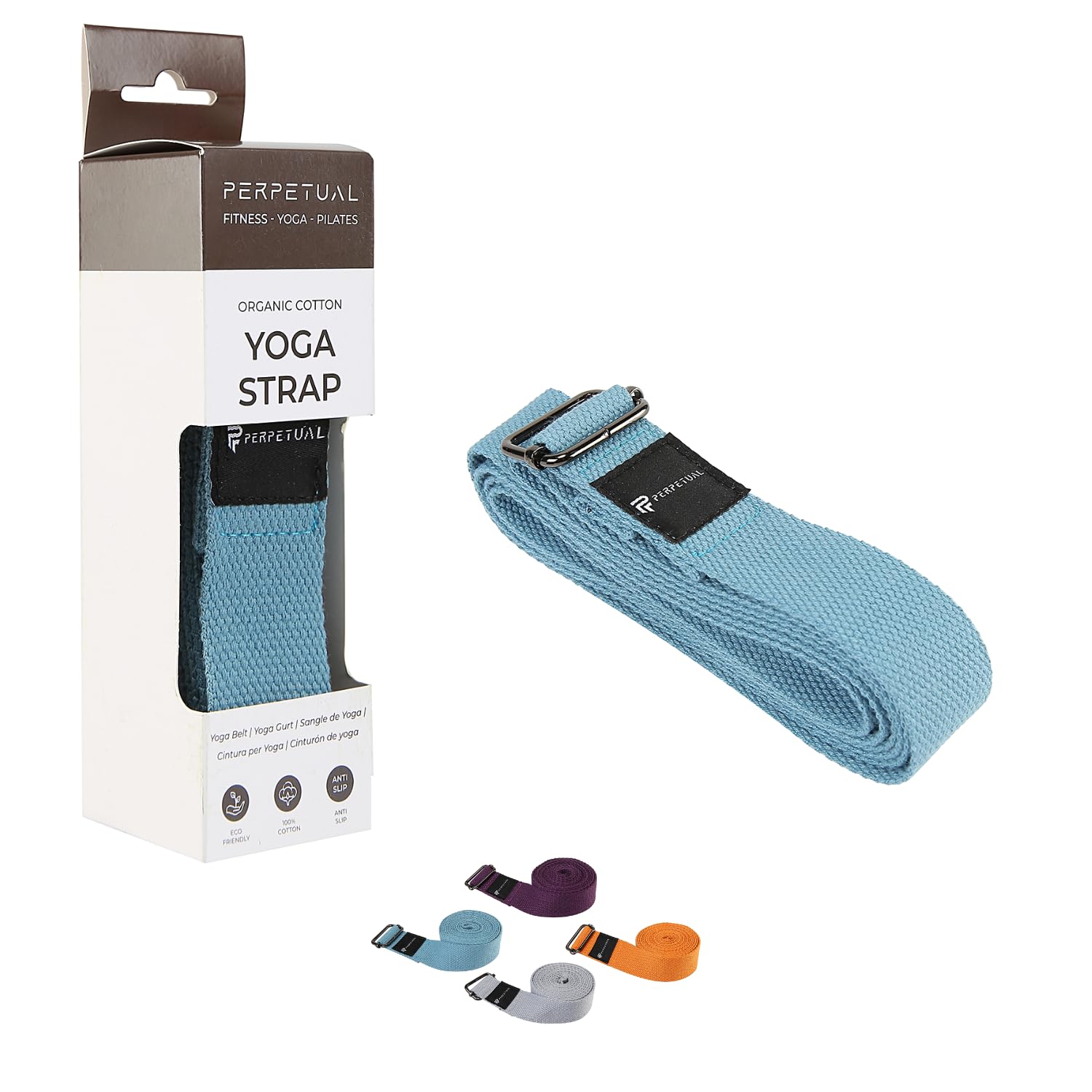 Perpetual Cinturón de Yoga - Cinta para mejorar tu Estiramiento - Correa para Posturas y Asanas - Hebilla de Acero Resistente - Algodón 100% Orgánico - Fitness y Pilates - 180 cm x 3.2 cm