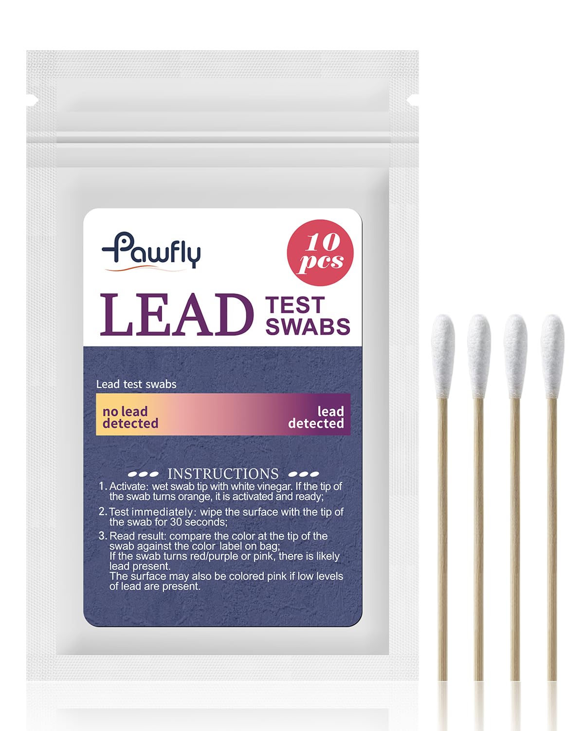 Pawfly Kit de Prueba de Plomo, 10 unidades - Hisopos Rápidos para Hogar (usar sólo con vinagre), resultados en 30 segundos, para superficies pintadas, vajilla, metal, juguetes, joyería y madera
