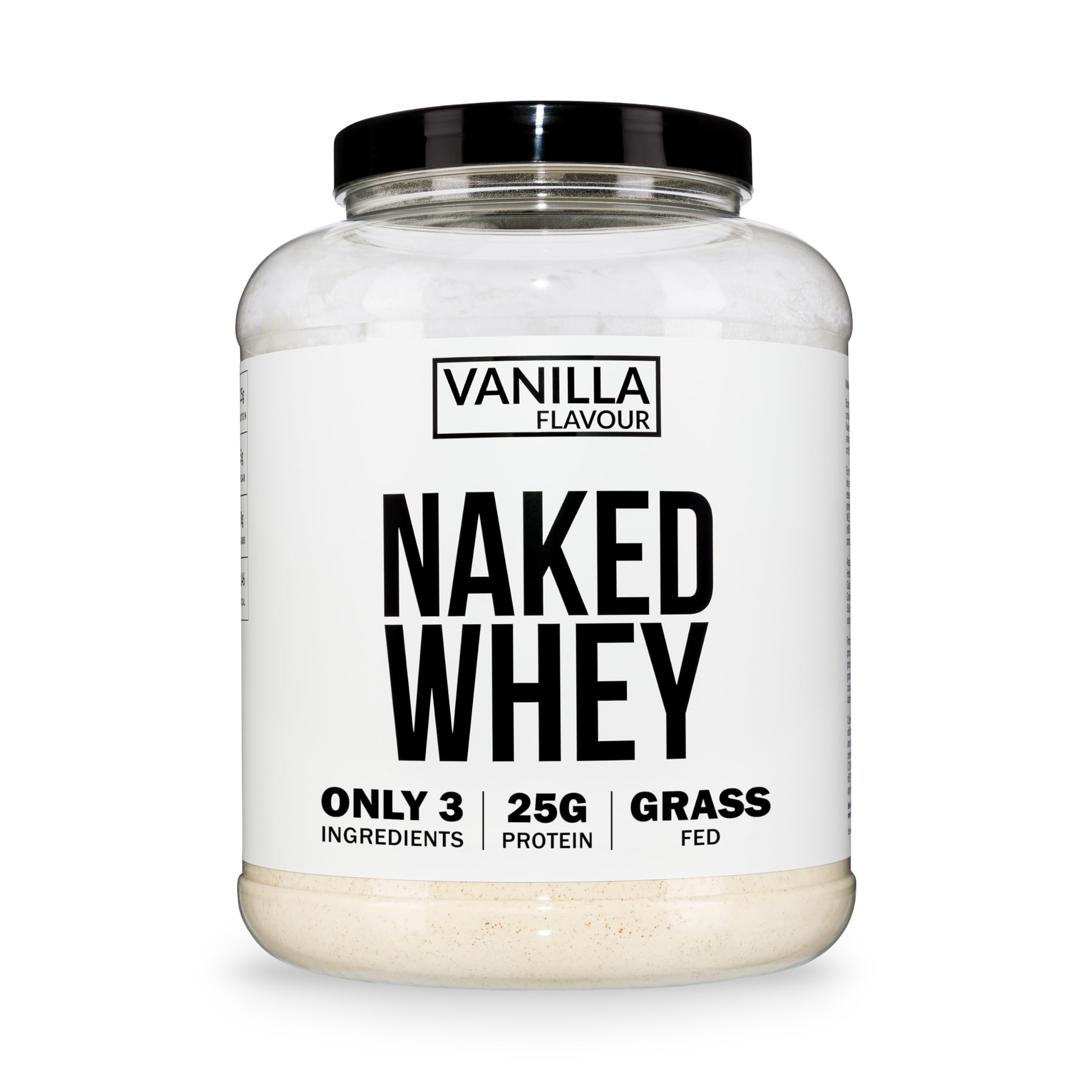 Naked Vainilla Whey Protein, Proteina en Polvo, Solo 3 Ingredientes, Grass Fed, Sin Gluten, Sin Soja, Sin OGM, 25g de Proteinas y 6g de BCAAs por Medida, 61 Porciones, 2280g