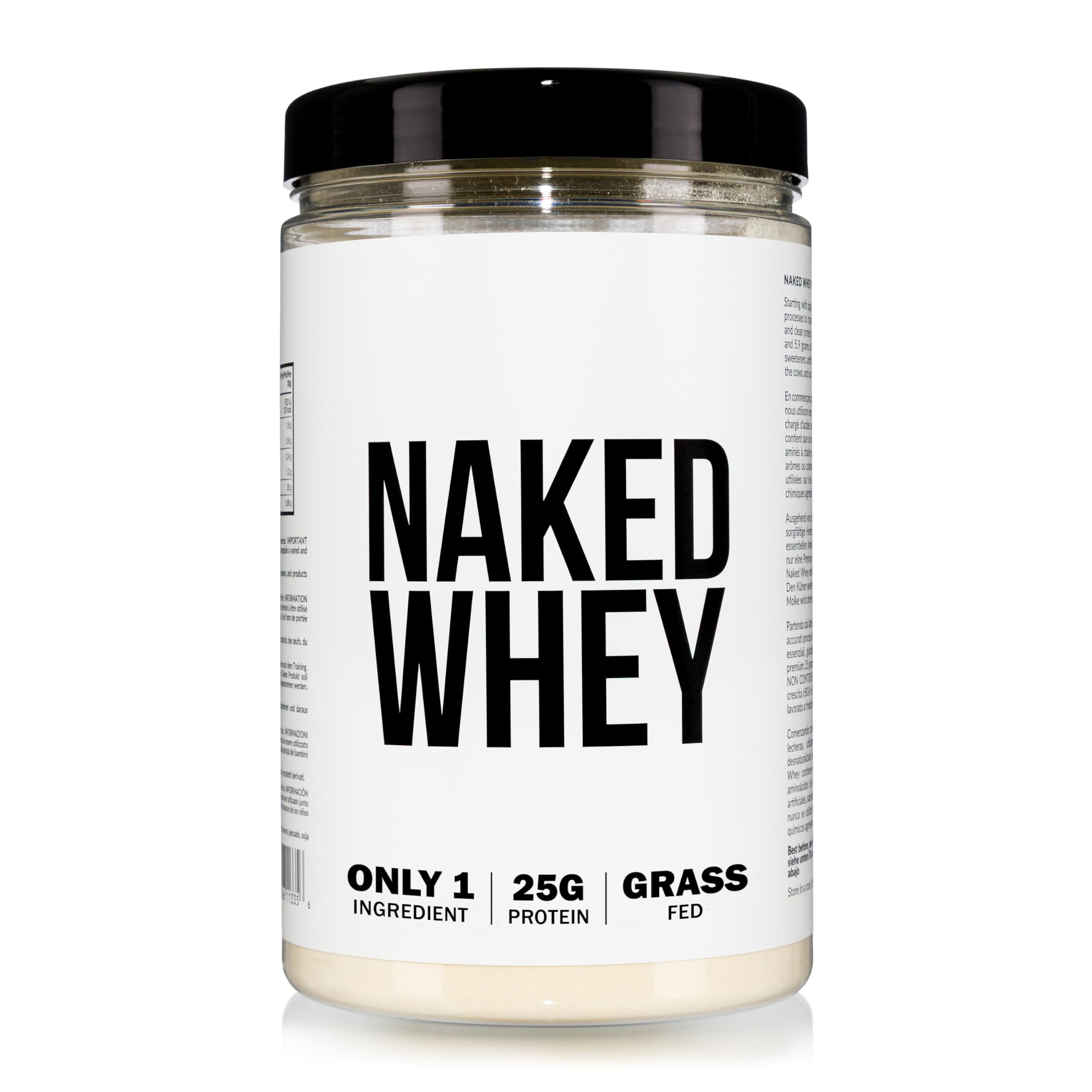 Naked Whey Protein, Proteina en Polvo, Un Solo Ingrediente, Grass Fed, Sin Gluten, Sin Soja, Sin OGM, 25g de Proteinas y 6g de BCAAs por Medida, Sin Sabor, 12 Porciones, 450g