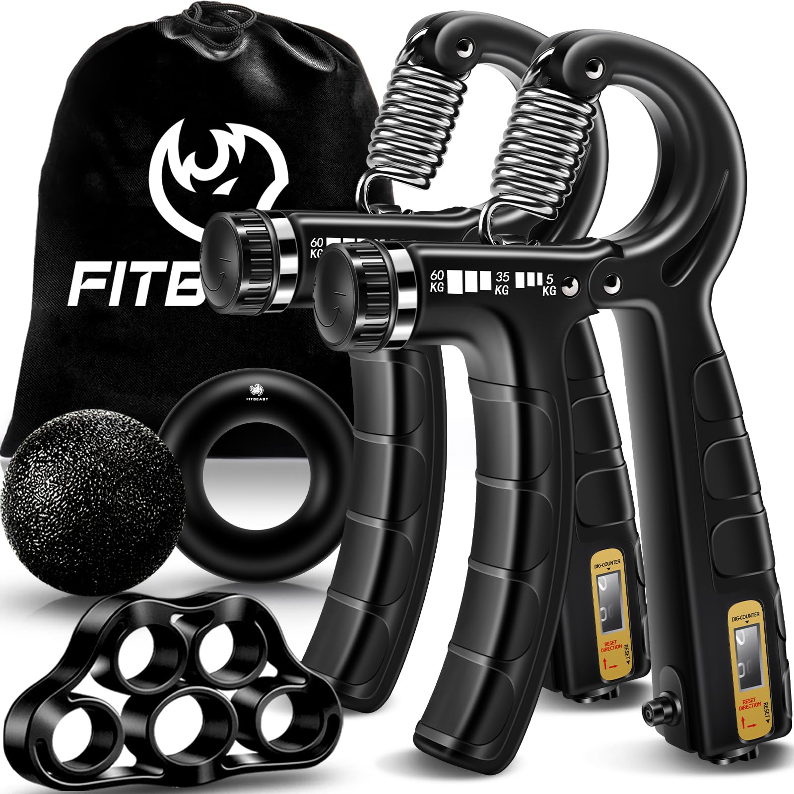 FitBeast Kit de Entrenamiento para Fortalecer Agarre 5 Piezas, 2 Resistencia Ajustable para Antebrazo, Estirador de Dedos, Anillo de Agarre y Bola de Alivio Estrés para Atletas