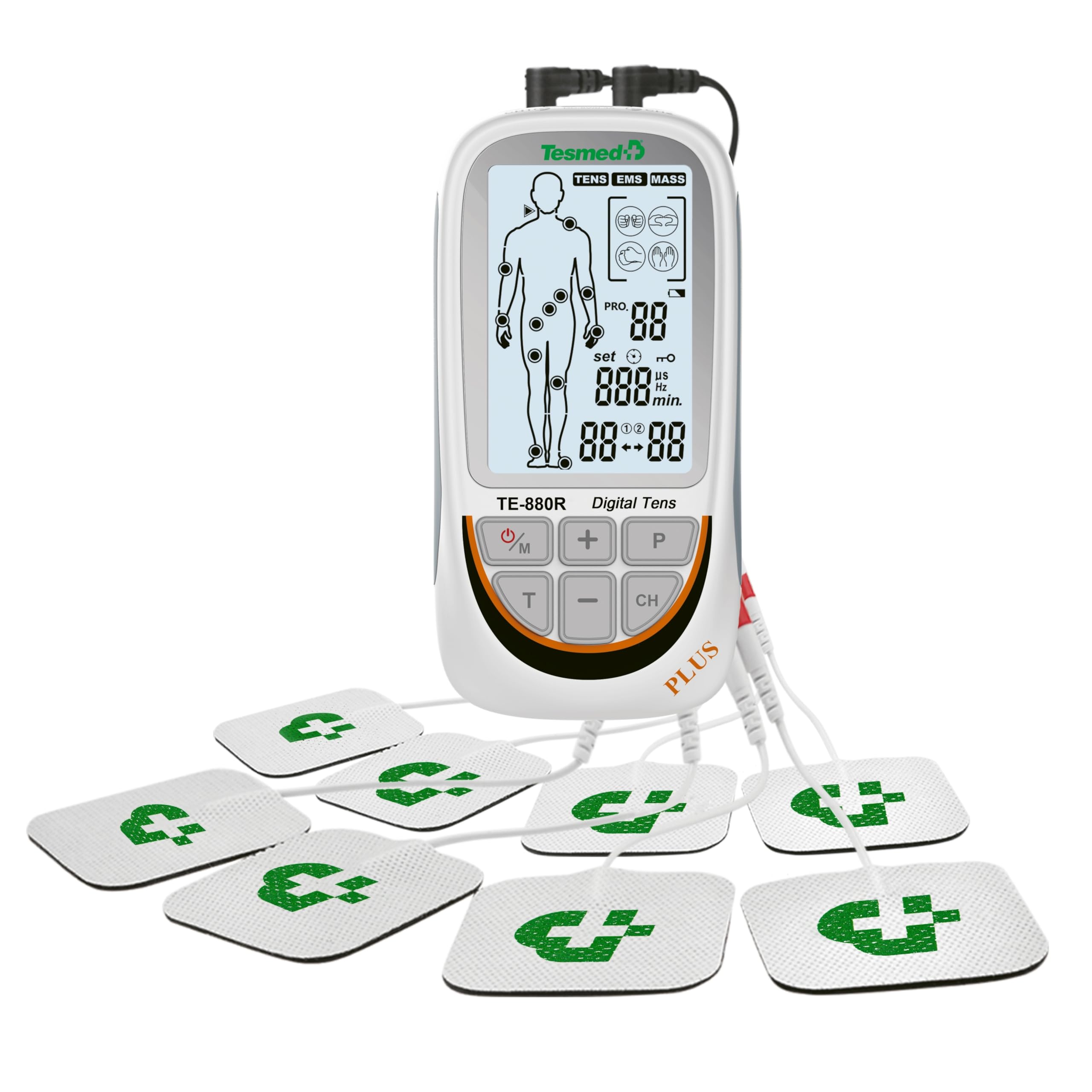 TE-880R Plus Electroestimulador Muscular Recargable, EMS, TENS, Masaje - 73 programas incluidos 2 personalizables - Funciona con 8 electrodos
