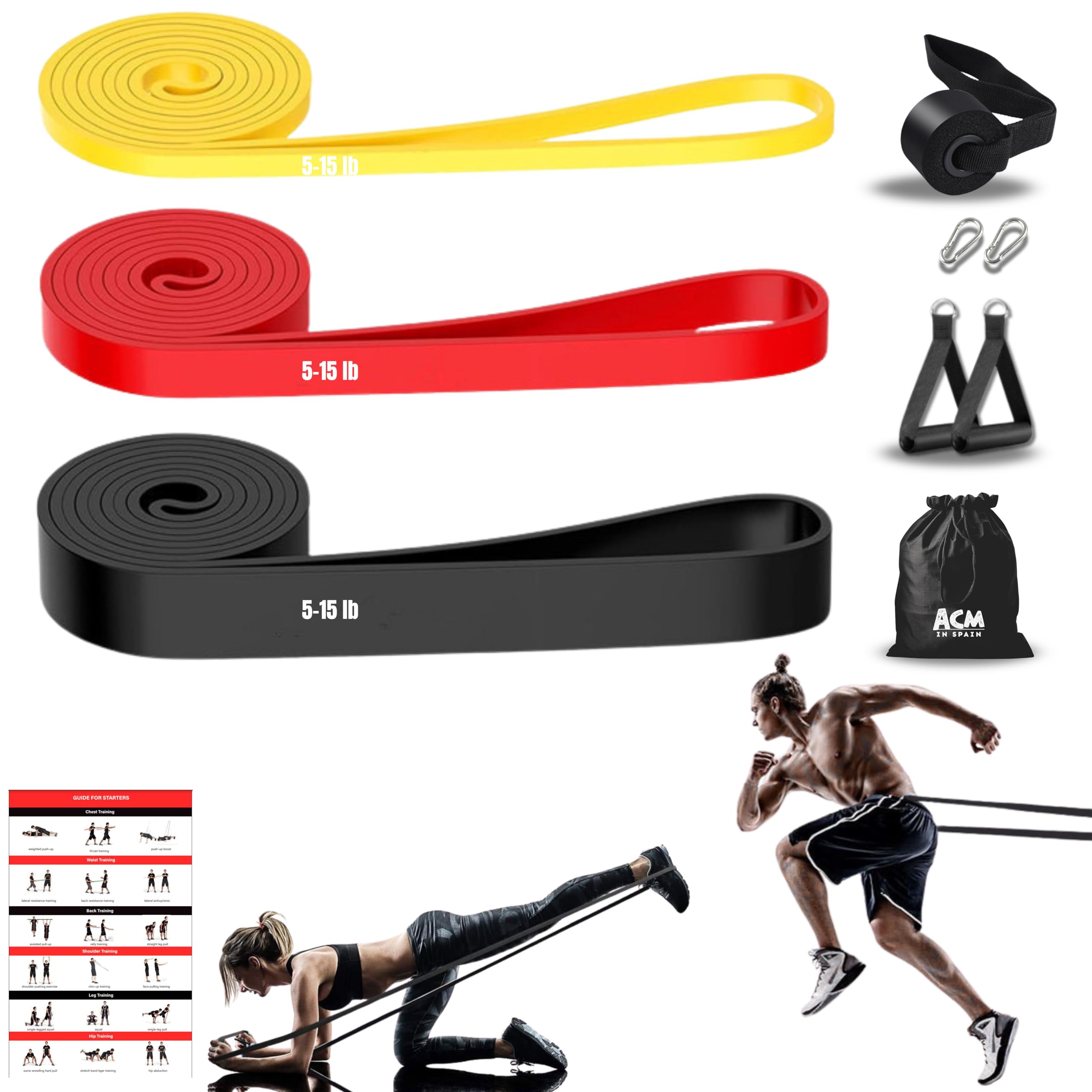 Gomas Elasticas Musculacion - 3 Bandas Elasticas Musculacion con Anclaje - Cintas Elasticas Musculacion - Goma Elastica Ejercicio - Gomas elasticas Entrenamiento - Elastic Band - Resistance Bands