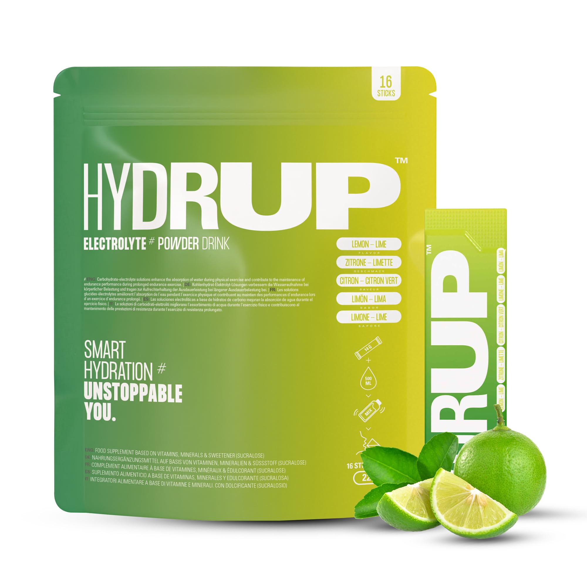 HYDRUP - Electrolitos sin Azúcar en Polvo 1733 mg - Hidratación y Energía al Instante con Vitaminas B y C - Sabor Lima Limón - Paquete Resellable con 16 Sobres de 14 Gramos- Sin Gluten ni Lactosa