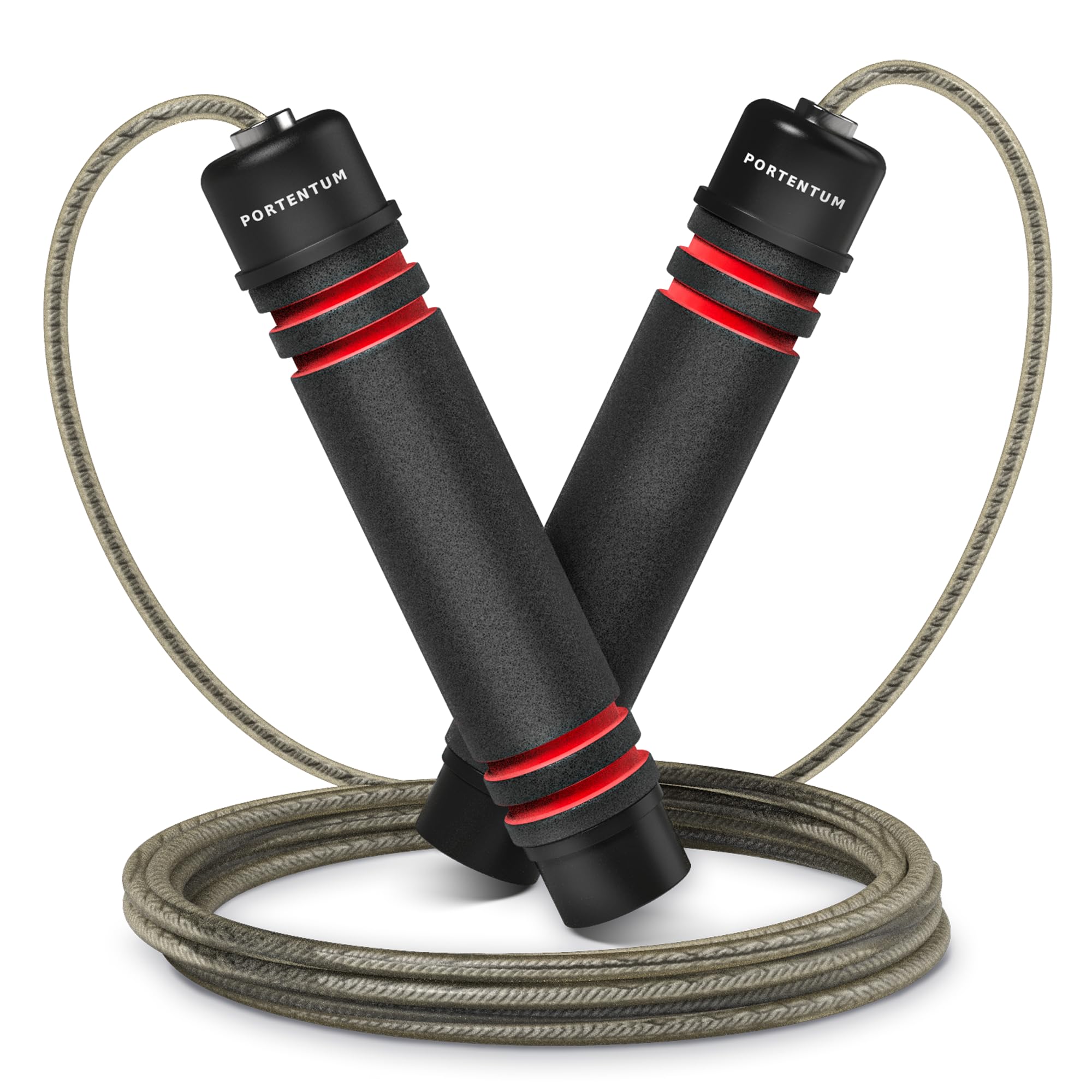 Comba Crossfit PORTENTUM con Mangos de Espuma Ergonómicos, Comba de Saltar de Longitud Ajustable y Rodamientos Rápidos - Ideal para Fitness, Entrenamiento por Intervalos y Crossfit - 2.8 Metros