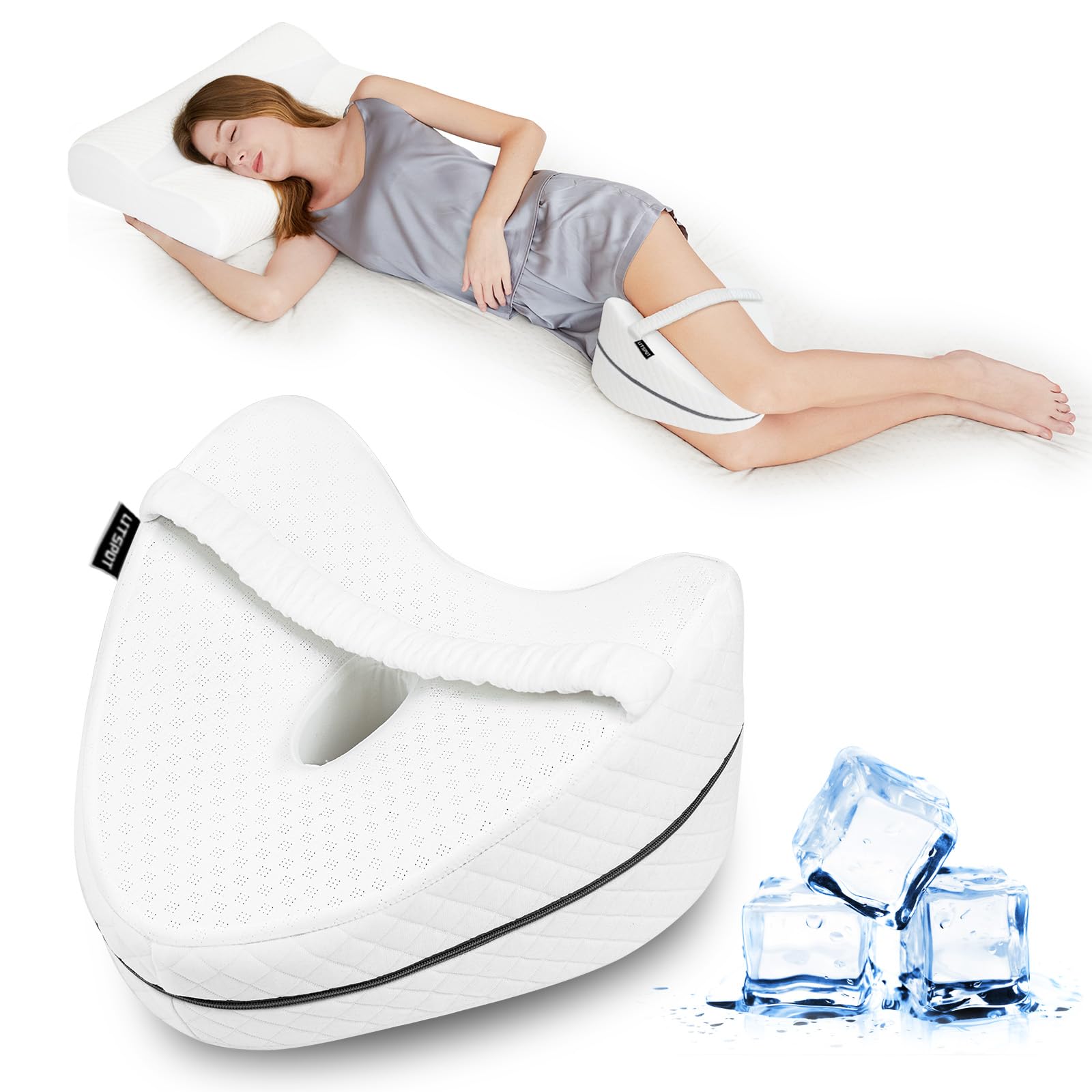 LITSPOT Almohada Ortopédica para Pierna y Rodilla Almohada de Enfriamiento Ergonómico Dormir de Lado con Espuma Viscoelástica, Almohada para Dormir Posicionadora con Banda Elástica Fija