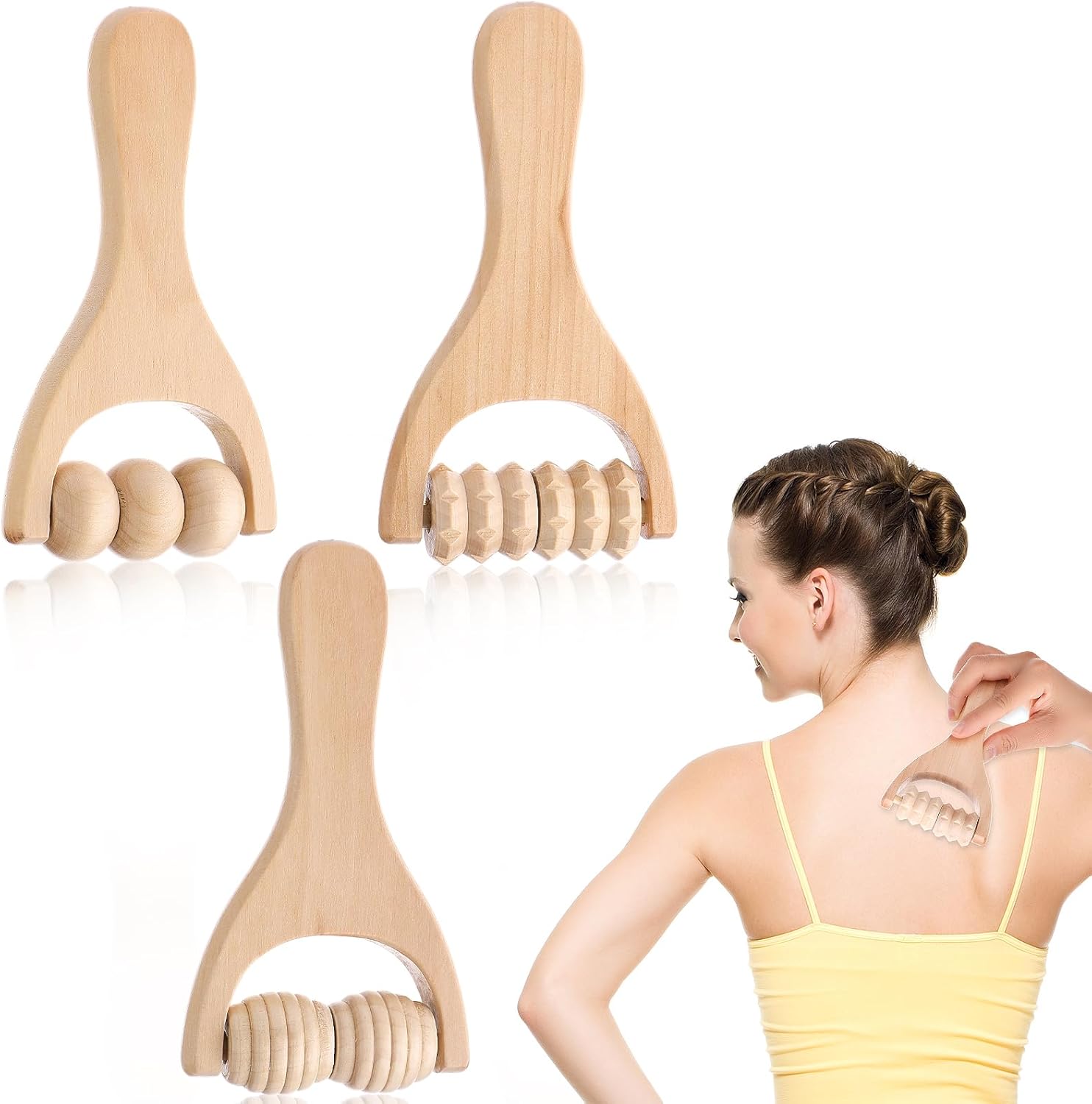 3 rodillos de madera para masaje de manos, rodillo muscular, herramientas de masaje manual para terapia de madera, rodillo masajeador, para relajar muslos, piernas, manos, músculos de cuerpo completo,