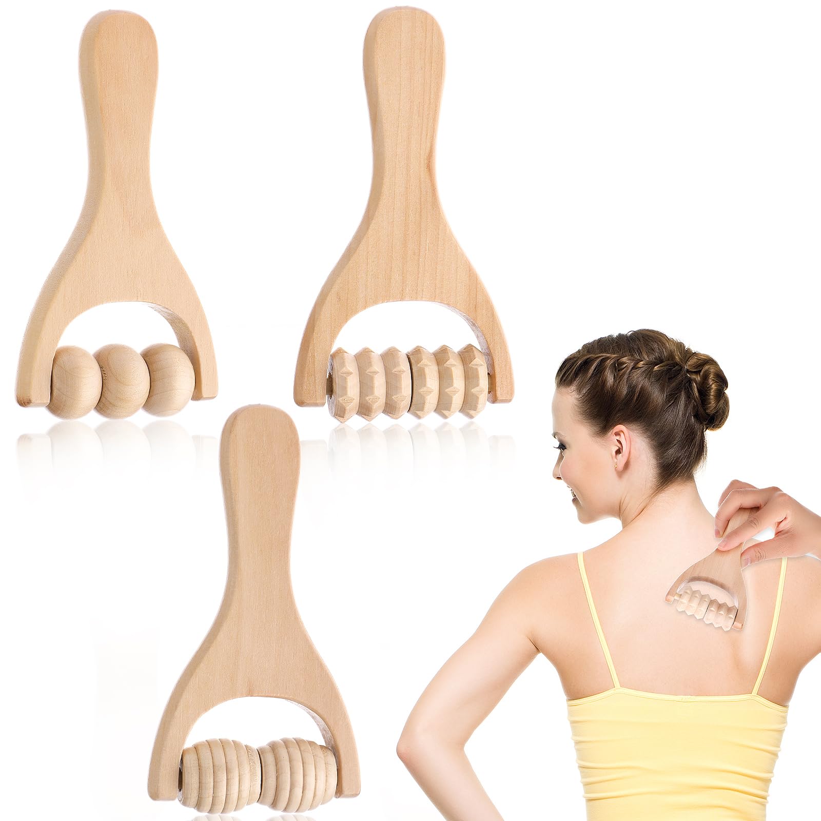 3 rodillos de madera para masaje de manos, rodillo muscular, herramientas de masaje manual para terapia de madera, rodillo masajeador, para relajar muslos, piernas, manos, músculos de cuerpo completo,