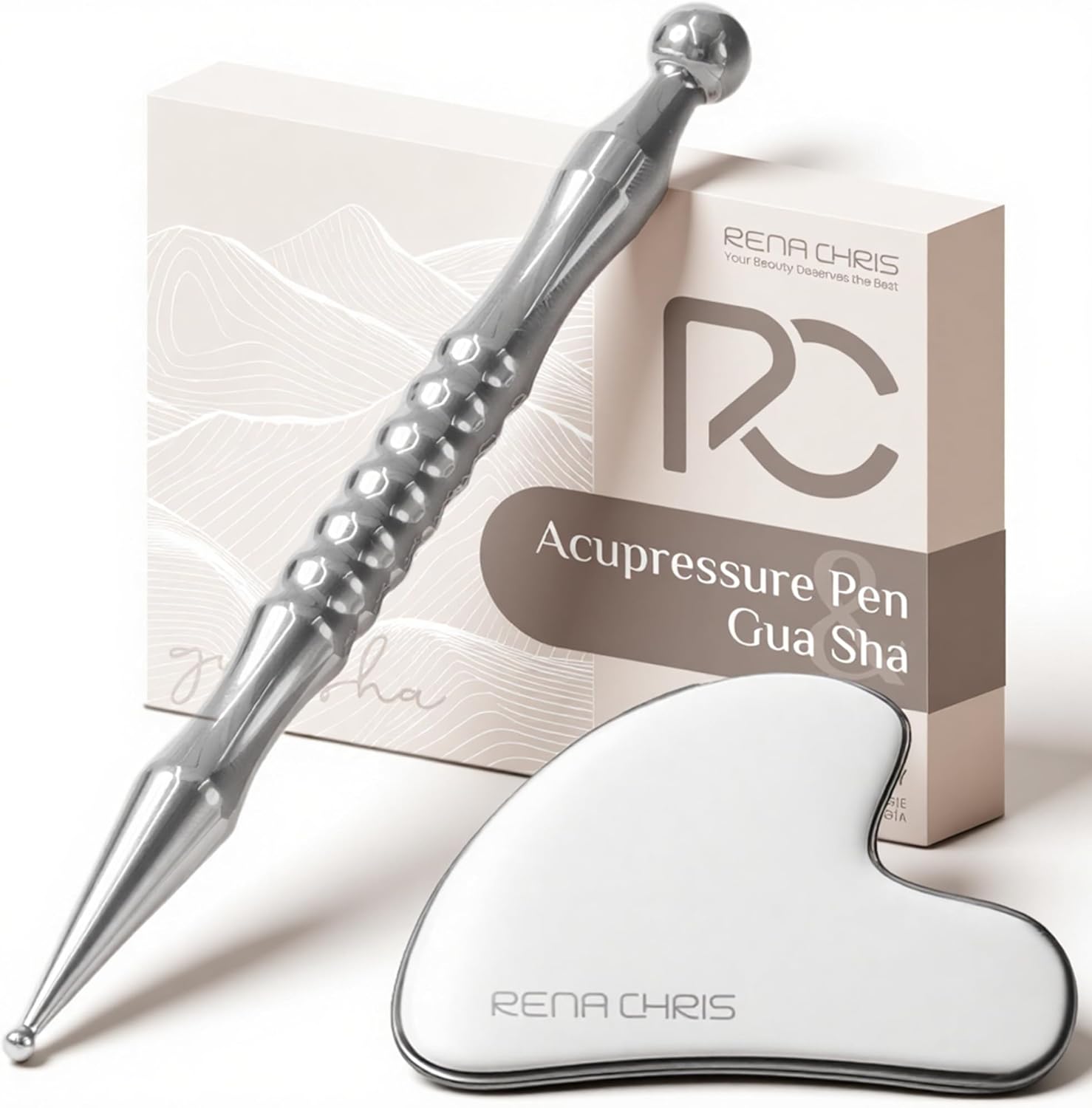 Rena Chris Gua Sha de acero inoxidable y pluma de acupuntura, herramienta de reflexología manual para aliviar la tensión muscular y el dolor, con esquema de reflexología