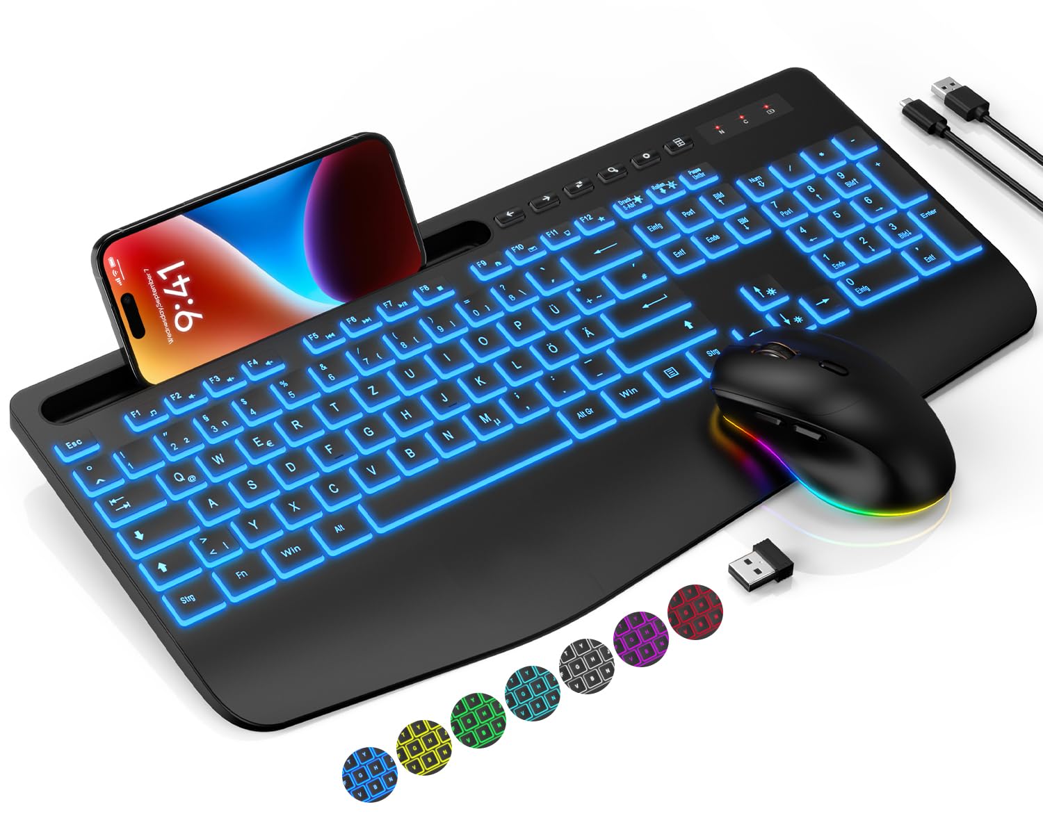 Juego de teclado y ratón inalámbrico, retroiluminación de 7 colores, reposamuñecas, teclado ergonómico recargable con soporte para teléfono, iluminación silenciosa para Windows, Mac, PC, ordenador
