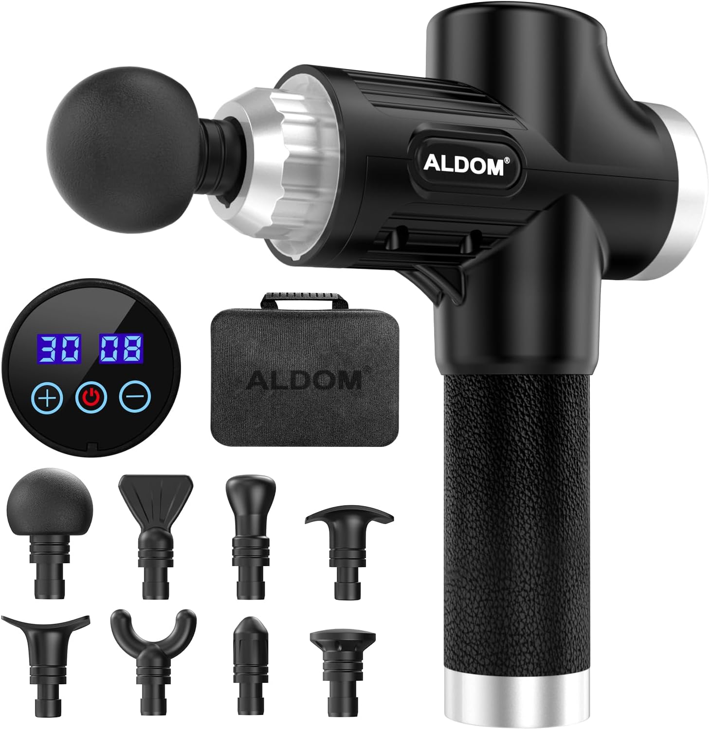 ALDOM Pistola de Masaje Muscular, Massage Gun Masajeadora Músculos Profesional y Carga Tipo C, 30 Niveles Ajustables, Silenciosos, 8 Cabezales Masajeador (Negro Plata)