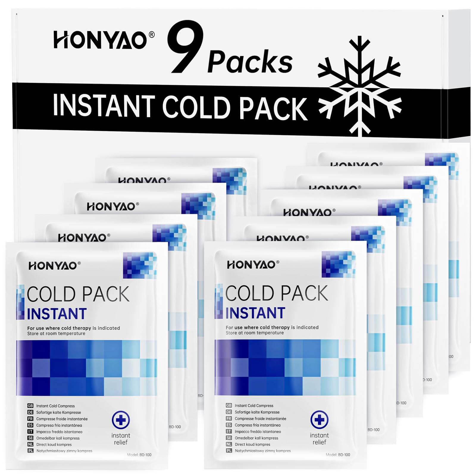 HONYAO Bolsa de Frío Instantáneo 9 Piezas, Hielo Instantáneo Desechable para Aliviar el Dolor, Hinchazón, Inflamación, Esguinces, Deportes Casa Viajes Senderismo