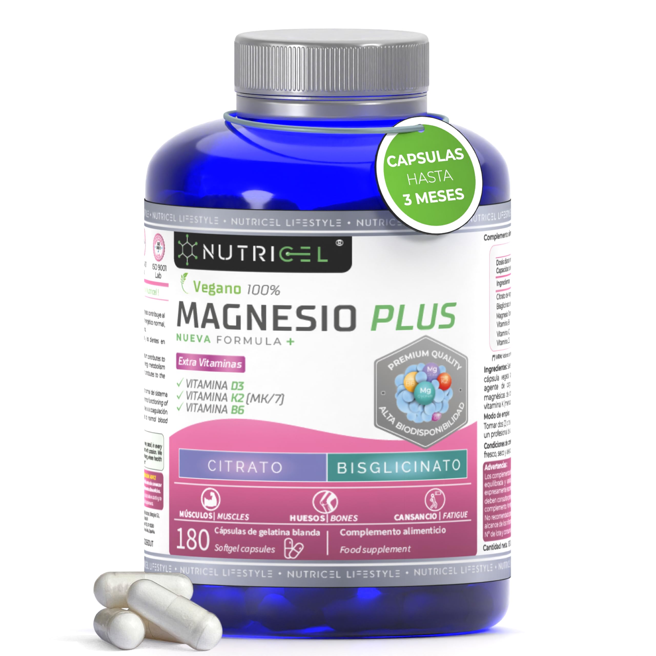 Citrato de magnesio 1577mg + bisglicinato de magnesio 600mg - Reduce Cansancio y Fatiga, Alivia Dolor Articulaciones y Músculos, Alta Biodisponibilidad | 180 Cápsulas
